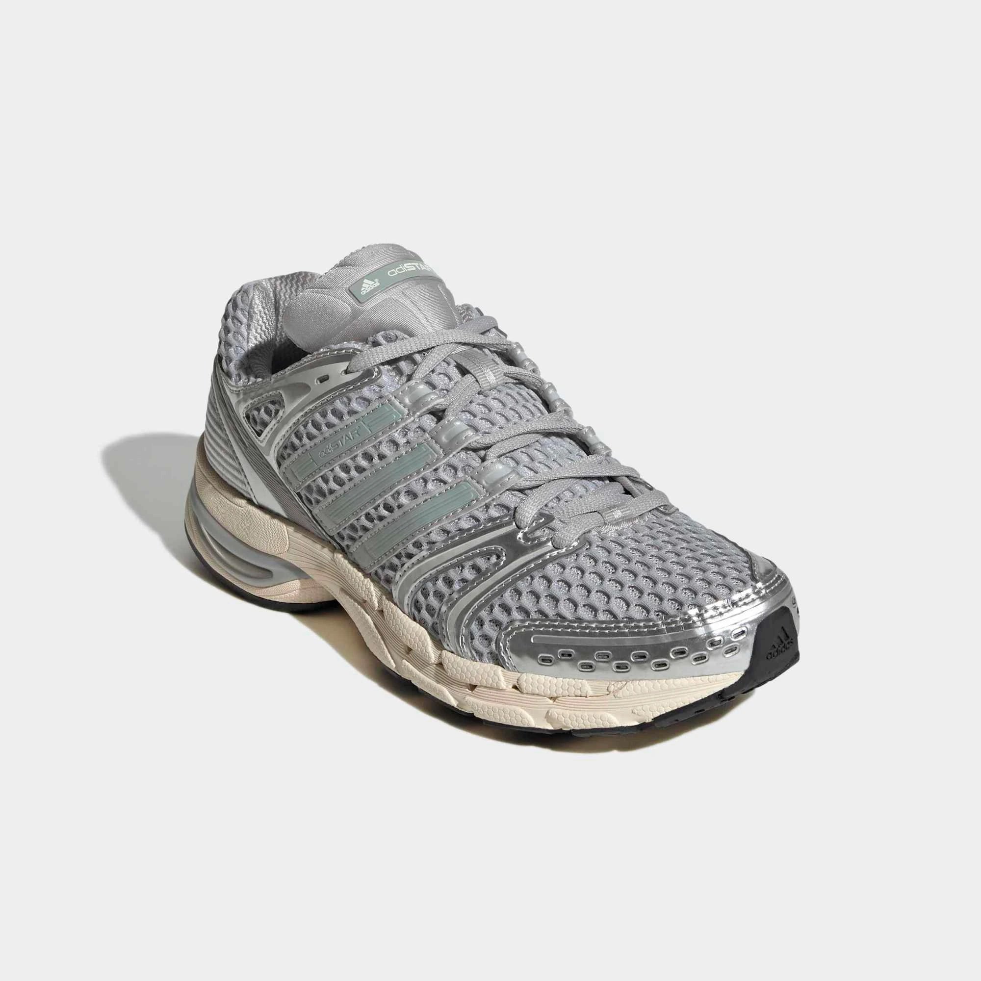 “adidas Adistar Control 5 Damen Sneaker in Grau und Türkis – Seitenansicht der technischen Sohle und Mesh-Details bei Stickabush.“