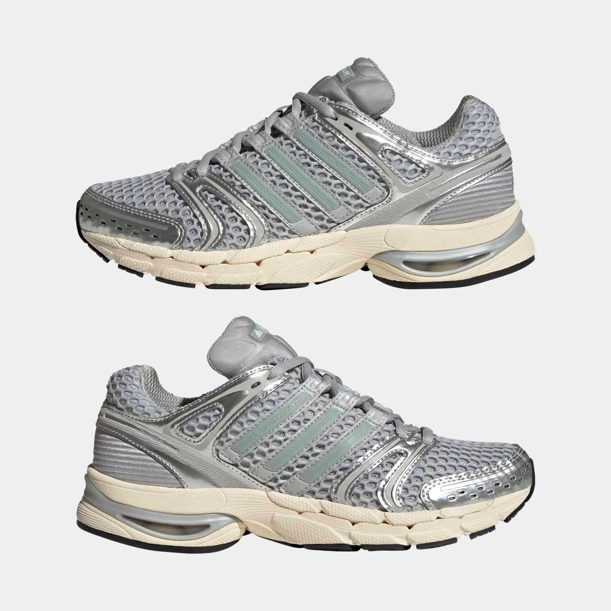 “adidas Adistar Control 5 Damen Sneaker in Grau und Türkis – Seitenansicht der technischen Sohle und Mesh-Details bei Stickabush.“