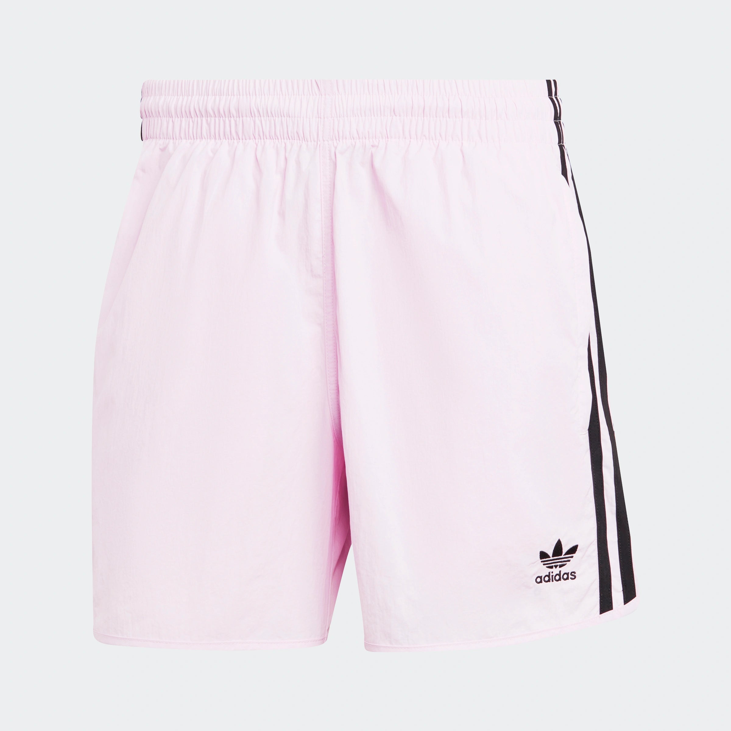 "Rosafarbene Adidas Sprinter Shorts mit schwarzen Details. Kurze, sportliche Hose mit elastischem Bund und kleinem Adidas Logo am Bein."