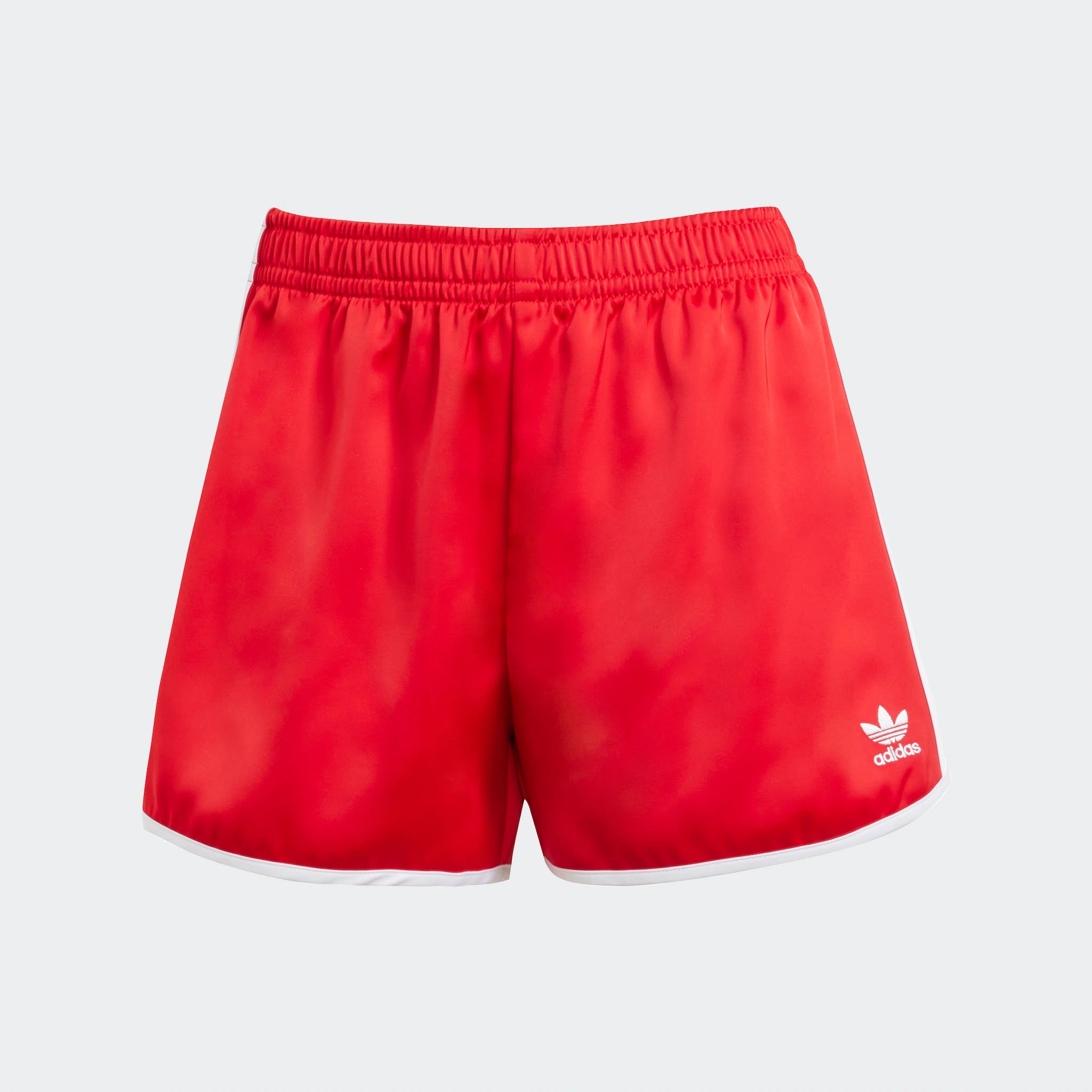 “Rote Adidas Damen Sprinter Shorts mit weißen 3 Streifen. Sportlicher Schnitt, atmungsaktives Material, elastischer Bund.“