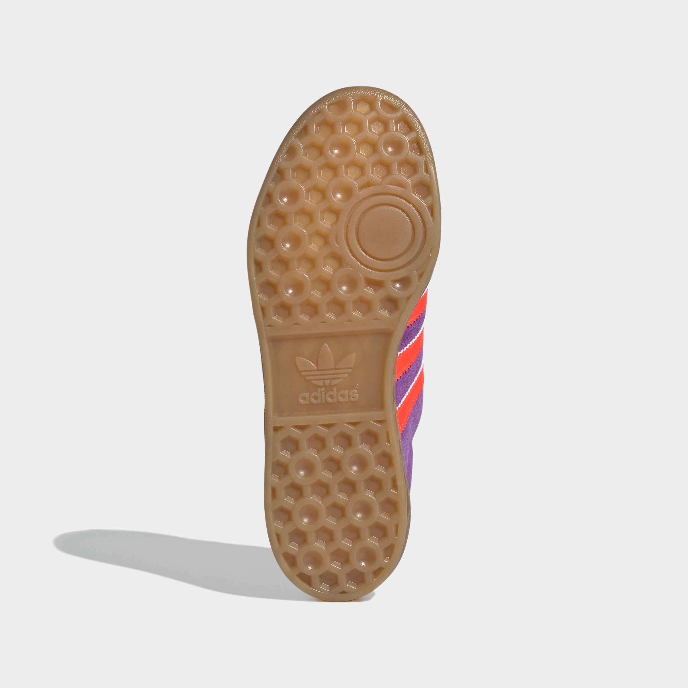 "Adidas Hamburg W in Active Purple/Solar Red/Gold, JS0679, Retro Sneaker aus Wildleder, klassischer Sneaker mit bunten Streifen, goldenes Logo."