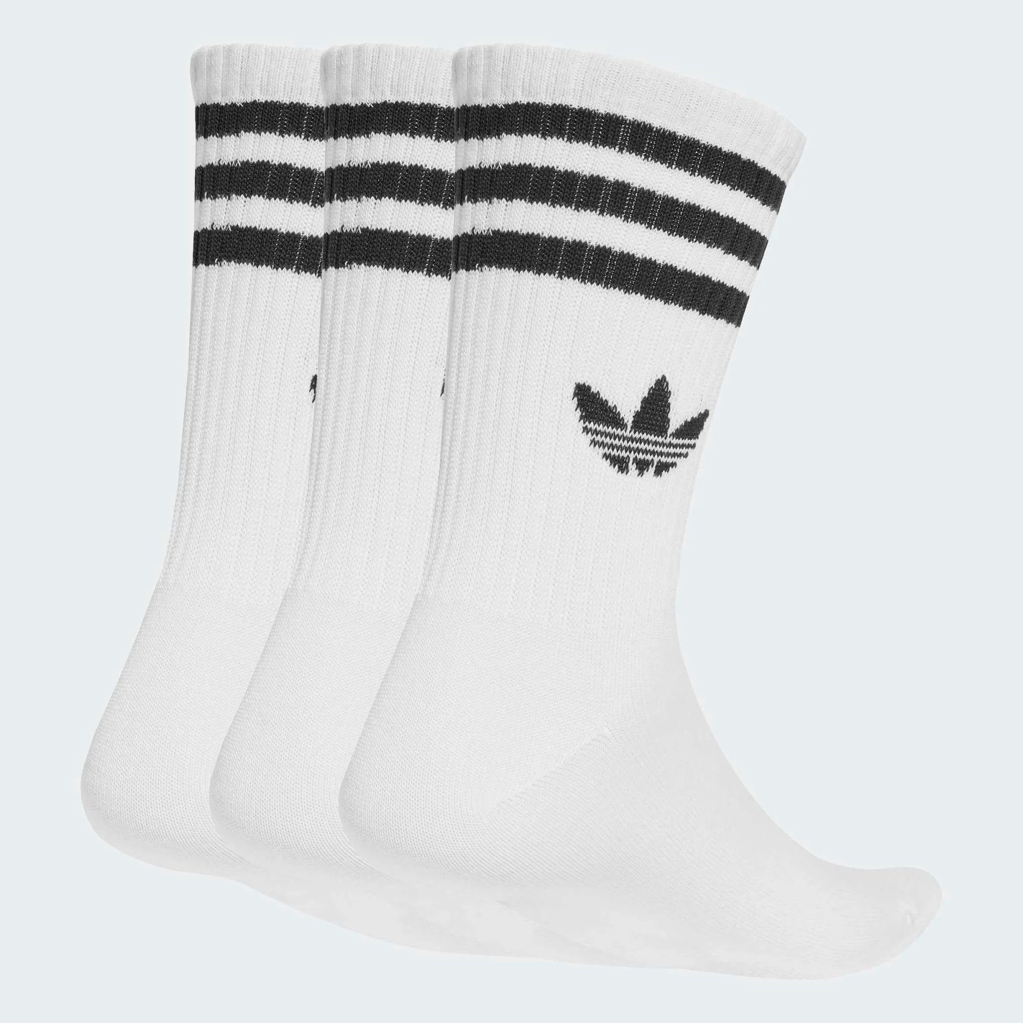 „adidas Originals 3-Stripes Crew Socks 3er-Pack Weiß JV7401 – weiße Wadensocken mit schwarzen 3-Streifen und Trefoil-Logo bei Stickabush Berlin.“