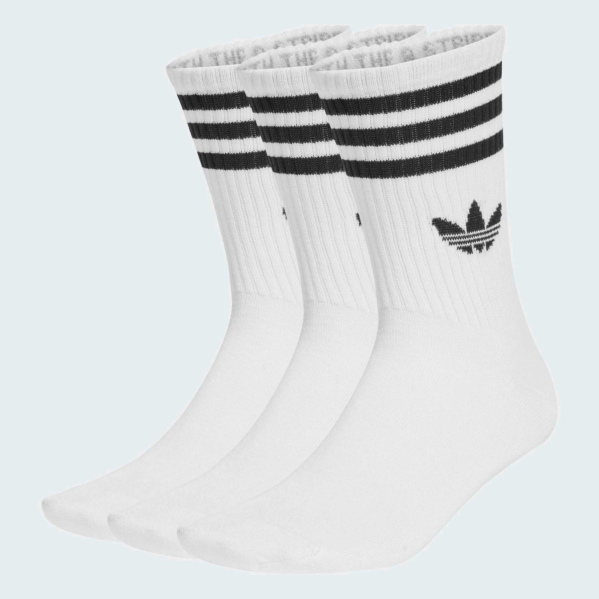 „adidas Originals 3-Stripes Crew Socks 3er-Pack Weiß JV7401 – weiße Wadensocken mit schwarzen 3-Streifen und Trefoil-Logo bei Stickabush Berlin.“