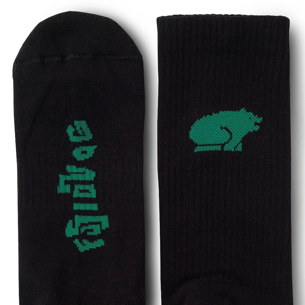 "Karhu Fusion Socks Black Ultramarine Green Vorderansicht mit Logo jetzt bei Stickabush Berlin.“
