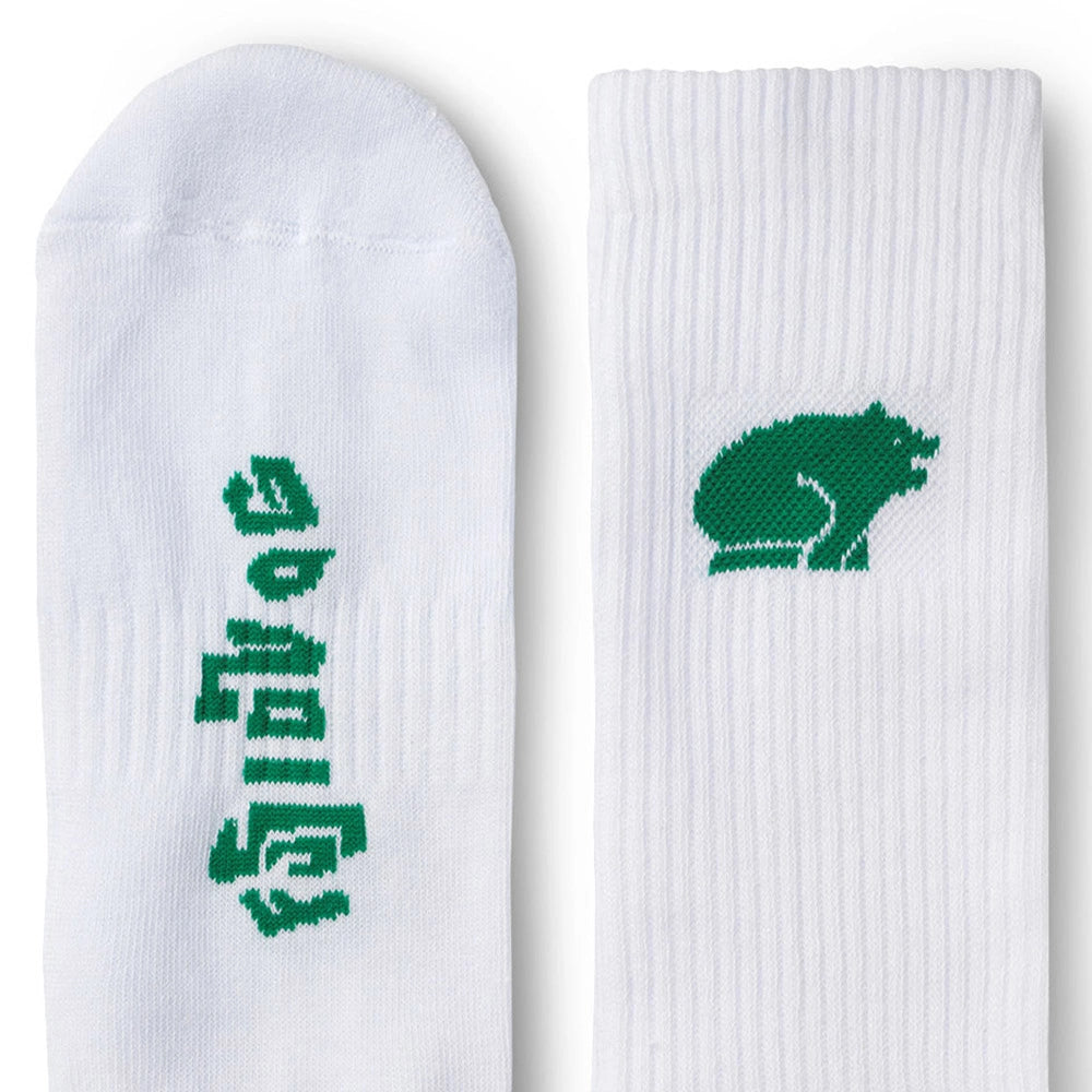 "Karhu Fusion Socks in White Ultramarine Green Vorderansicht mit Logo jetzt bei Stickabush Berlin.“