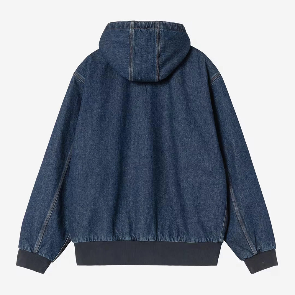 Carhartt WIP OG Active Jacket in Blue (Stone Washed) – Rueckansicht der blauen Canvas-Workwear-Jacke mit Kapuze und Kängurutasche.