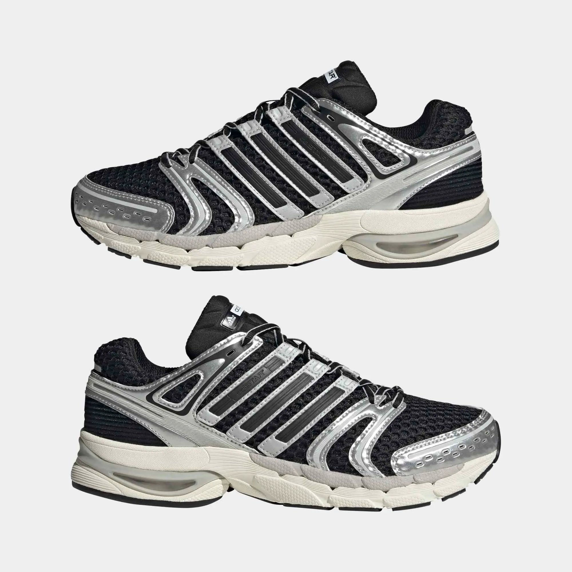 “Adidas Originals Adistar Control 5 Sneaker in Core Black, Silver Metallic, Grey One mit Mesh-Obermaterial und Chunky-Sohle, Retro Running Design bei Stickabush Berlin.“