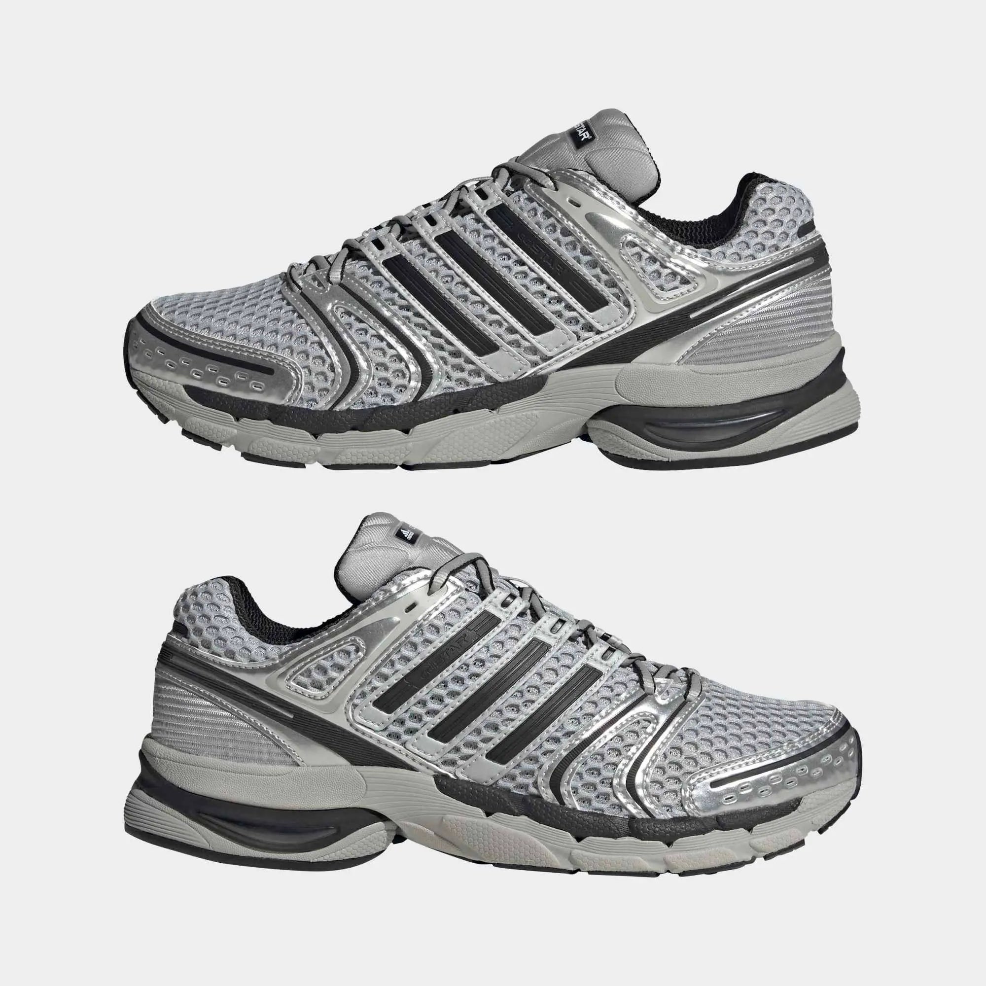 “Adidas Originals Adistar Control 5 Sneaker in Grey Two, Core Black und Silver Metallic, mit Mesh-Obermaterial und Chunky-Sohle, Retro Running Design bei Stickabush Berlin.“