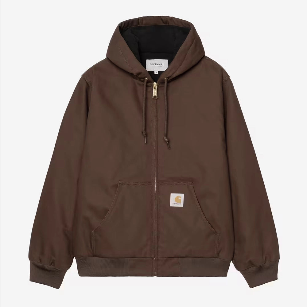 Carhartt WIP Active Jacket Winter in Tobacco – Vorderansicht der braunen Canvas-Winterjacke mit Kapuze und wärmendem Thinsulate-Futter.