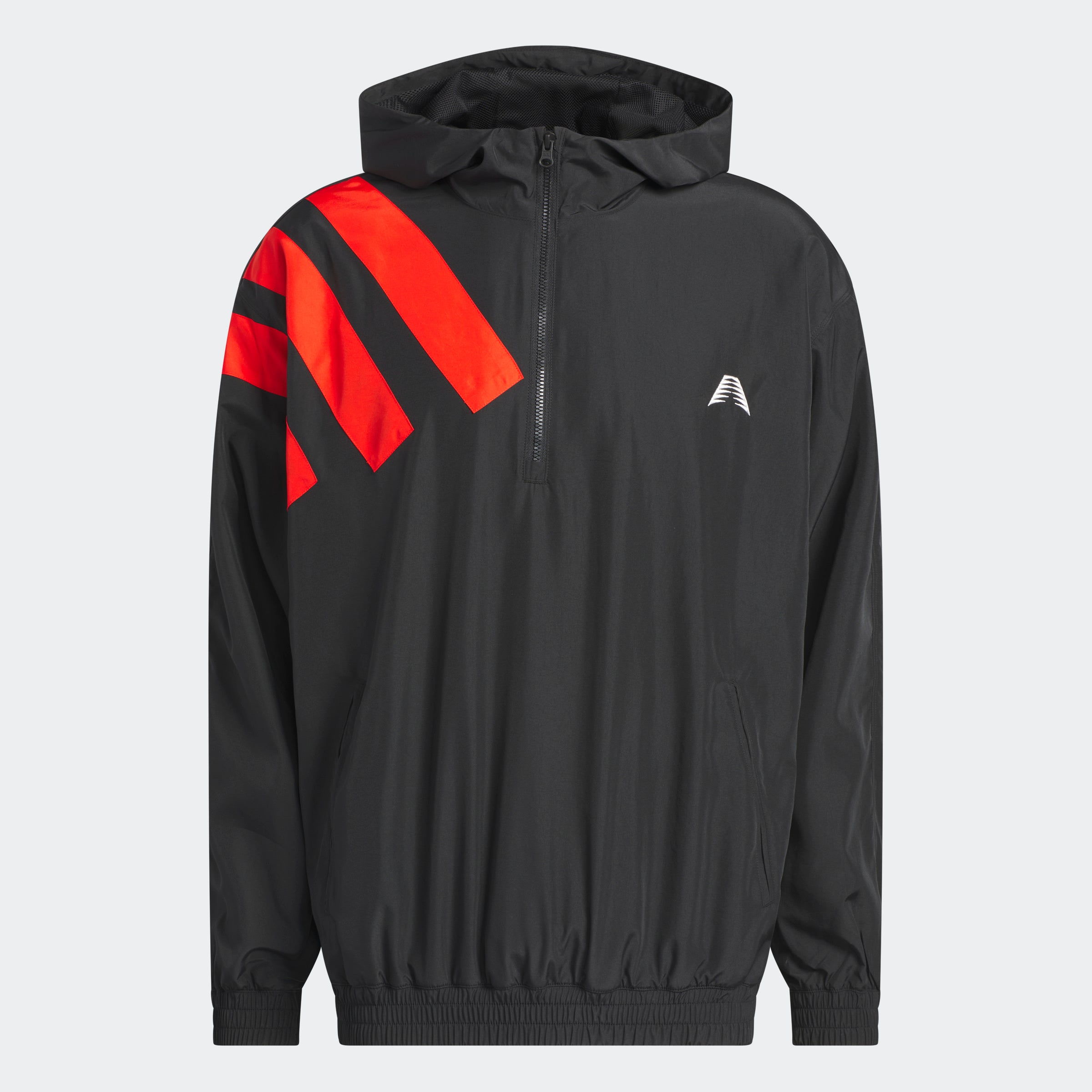 “Der Adidas Anthony Edwards Anorak Pullover in Schwarz, JC8782, verfügt über eine Kapuze mit drei auffälligen roten Diagonalstreifen auf der linken oberen Schulter, hlaben Reißverschluss und aus Polyester gefertigt.“
