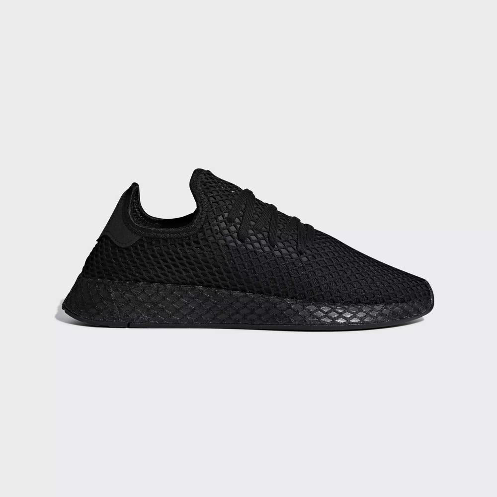 "Adidas Deerupt Runner J, Core Black/Ftwr White, Textil, auffälliger Sneaker in Schwarz-Weiß mit netzartiger Gitterstruktur."