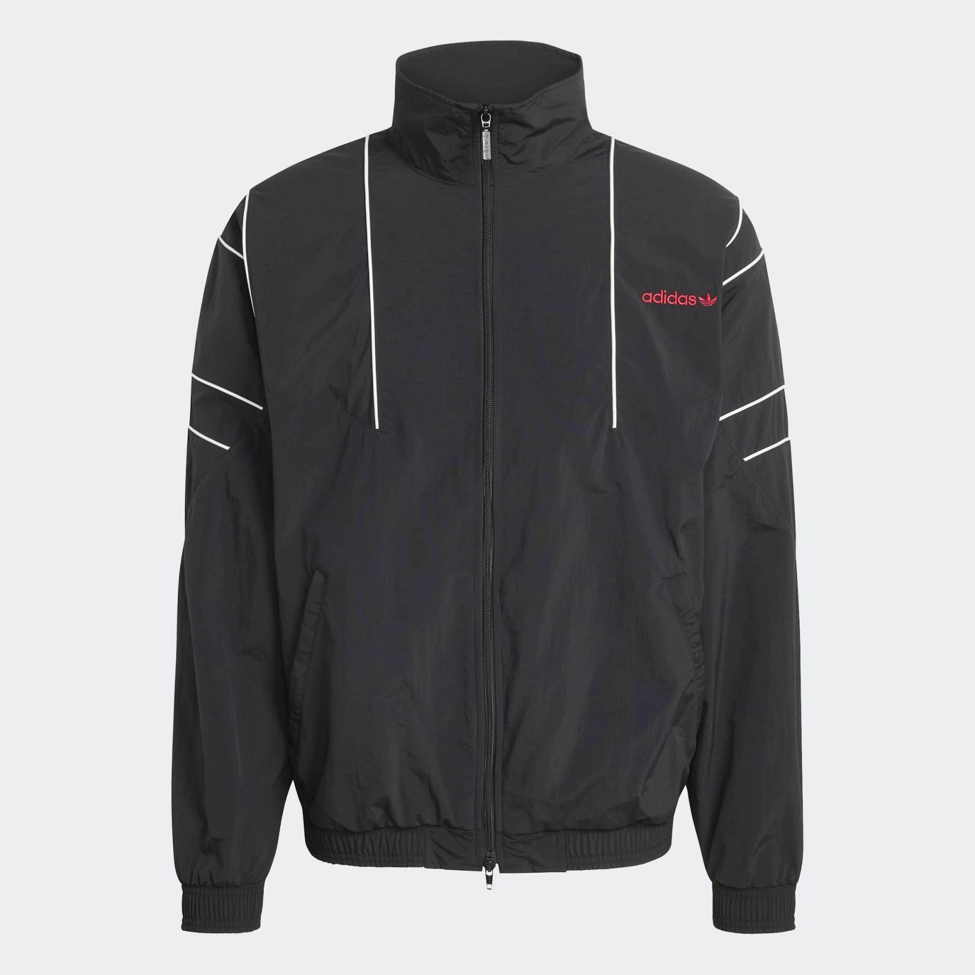 "adidas Originals Cutline Track Top in Black, mit Stehkragen, durchgehenden Reißverschluss und rote adidas Schriftzug Logo (Cutline-Design) entlang der Brust bei Stickabush Berlin."