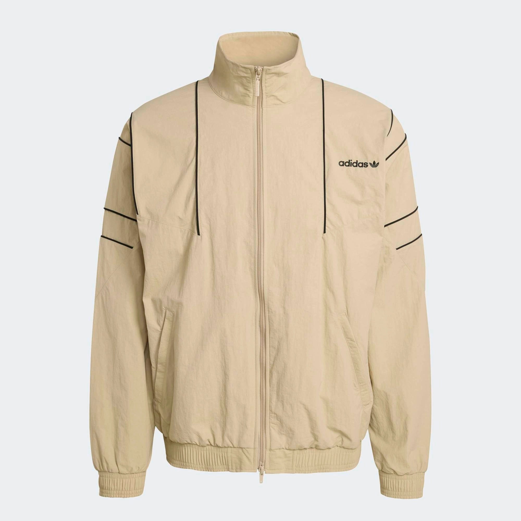 "adidas Originals Cutline Track Top in Stone Khaki, mit Stehkragen, durchgehenden Reißverschluss und schwarze adidas Schriftzug Logo (Cutline-Design) entlang der Brust bei Stickabush Berlin."