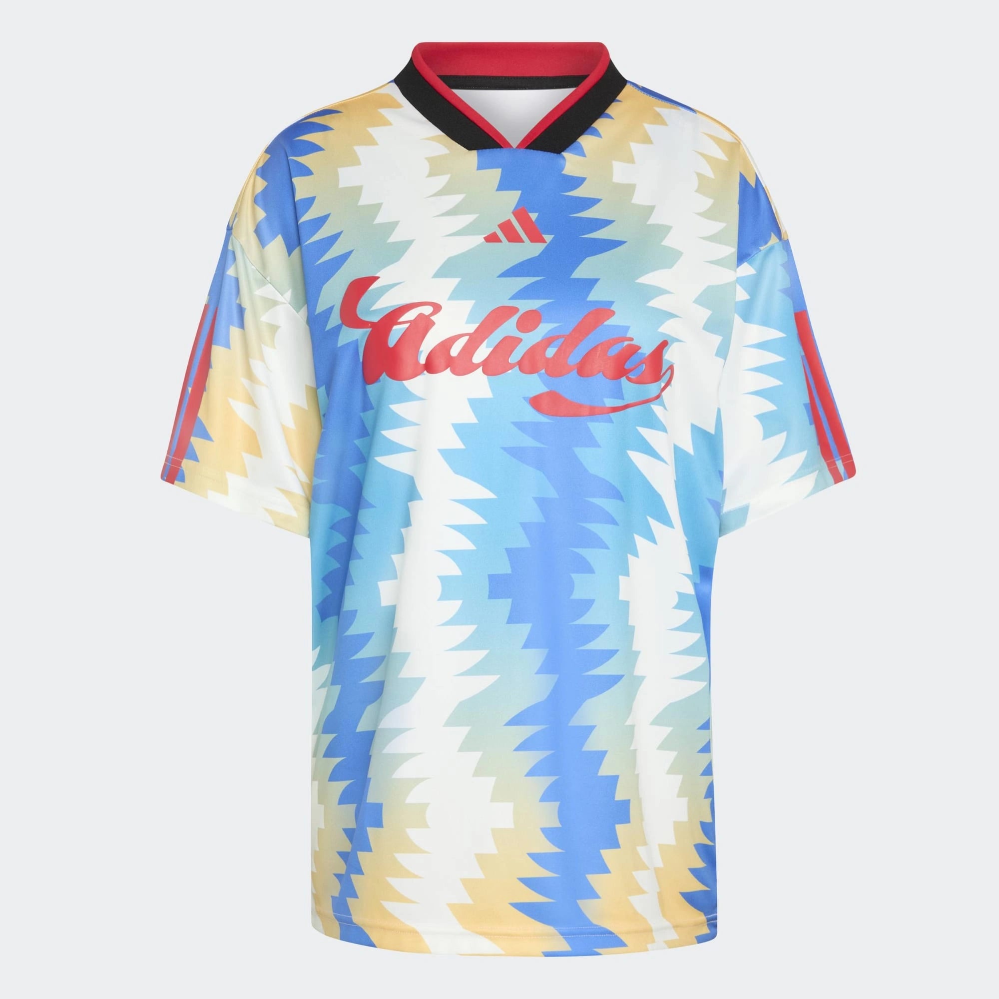 “Cremeweißes (Off White) adidas Originals Tiro x Common Goal Damen Trikot mit blauen Details und dezentem Allover-Print bei Stickabush.“
