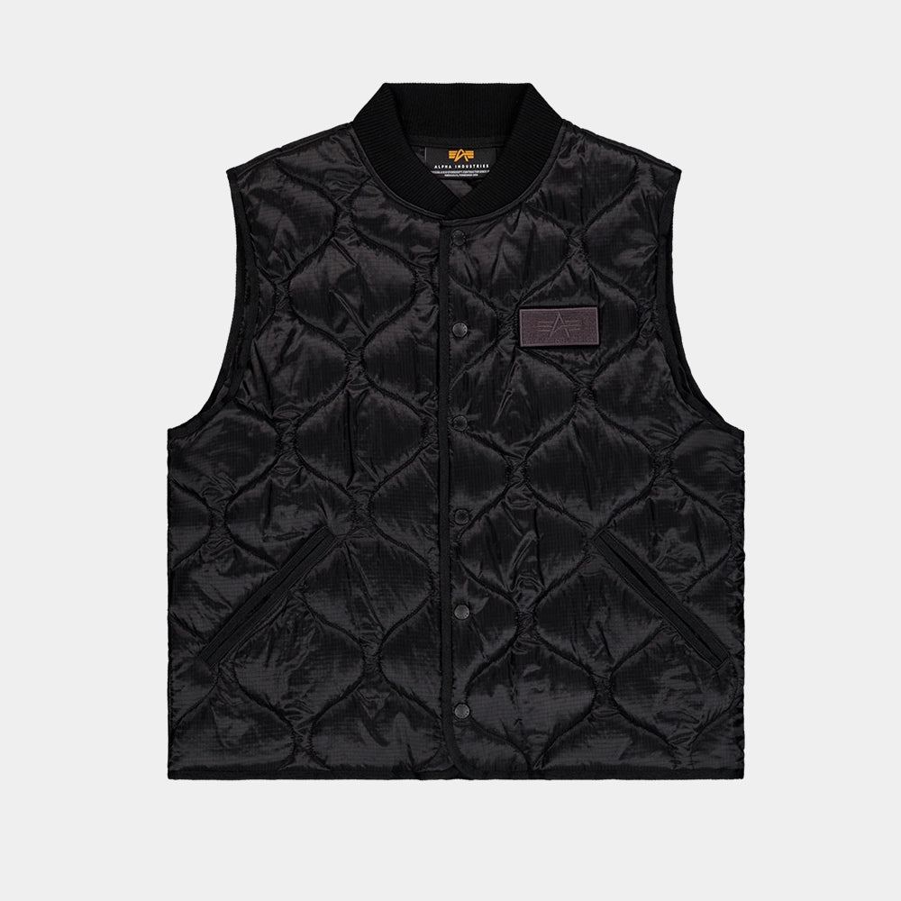 Schwarze Alpha Industries Q-1 Vest Utility-Weste mit Onion-Stitching und Web-Label bei Stickabush Berlin.