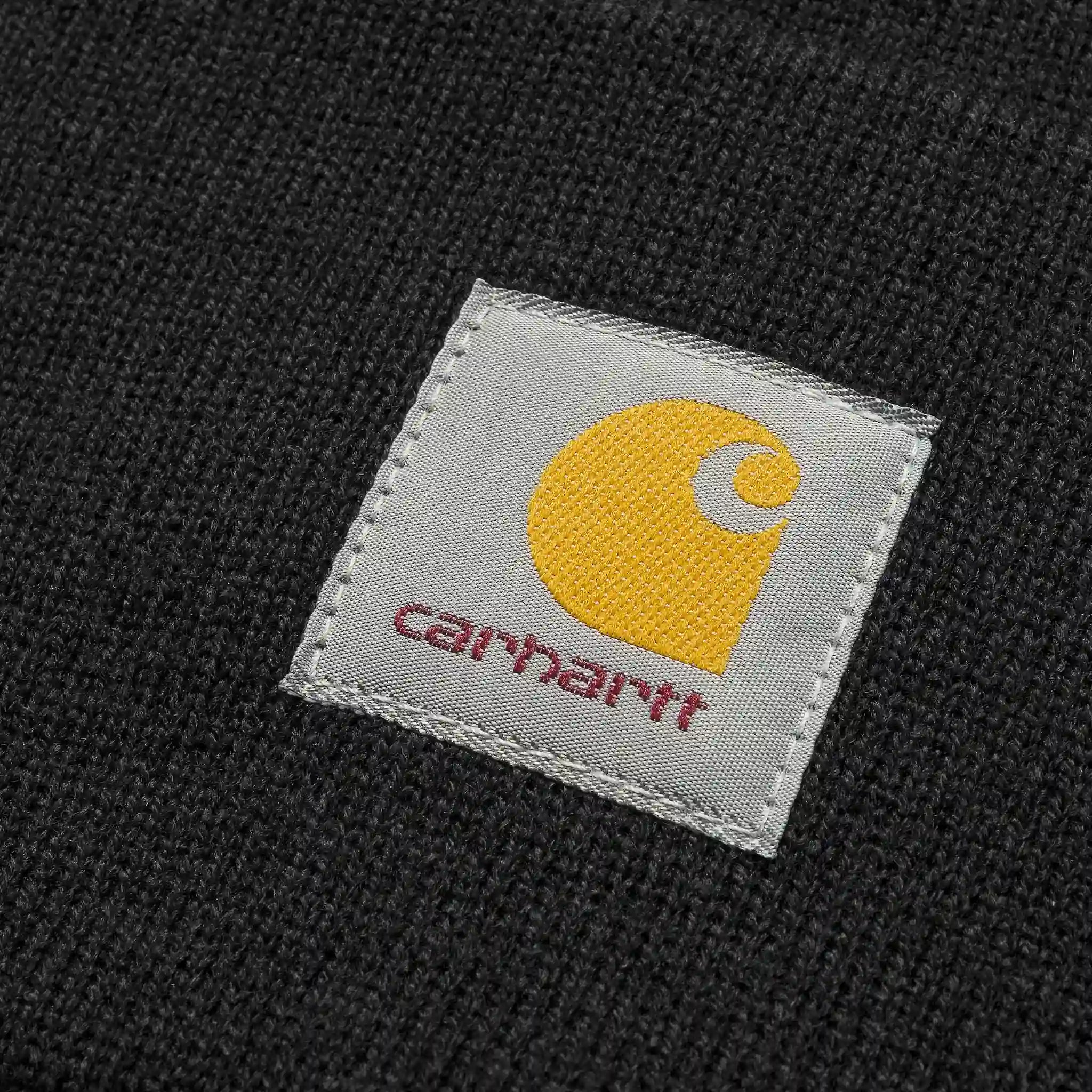 “Schwarze Carhartt WIP Acrylic Watch Hat Beanie. Klassische, gerippte Strickmütze aus Acryl, umschlagbarer Bund mit kleinem, gewebtem Carhartt Square Label.“