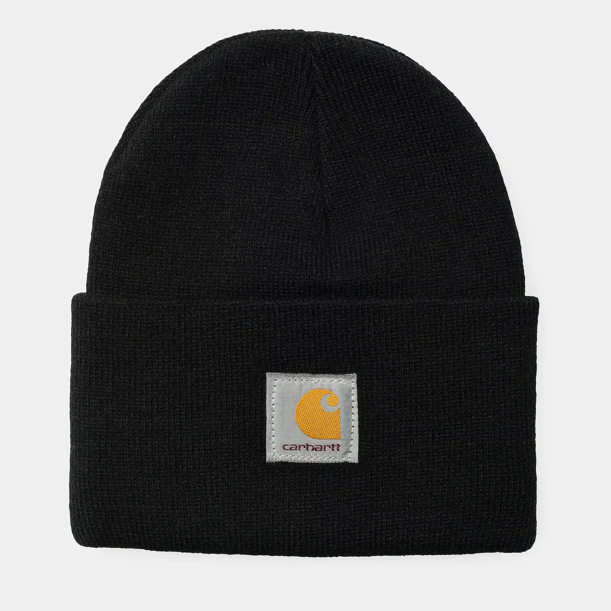 “Schwarze Carhartt WIP Acrylic Watch Hat Beanie. Klassische, gerippte Strickmütze aus Acryl, umschlagbarer Bund mit kleinem, gewebtem Carhartt Square Label.“