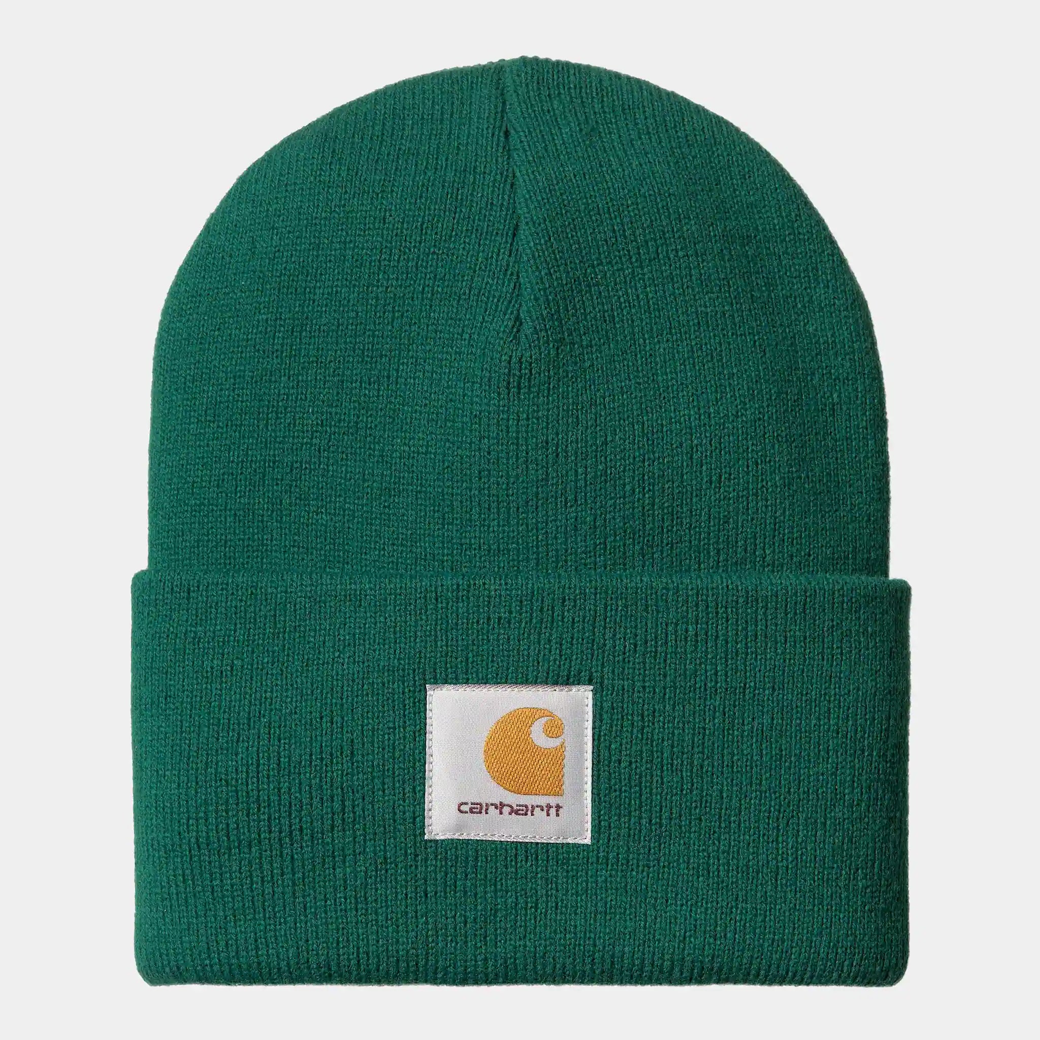 “Helles, gelblich-grünes Carhartt WIP Acrylic Watch Hat. Gerippte Strickmütze aus Acryl, umschlagbarer Bund mit kleinem, gewebtem Carhartt Square Label.“