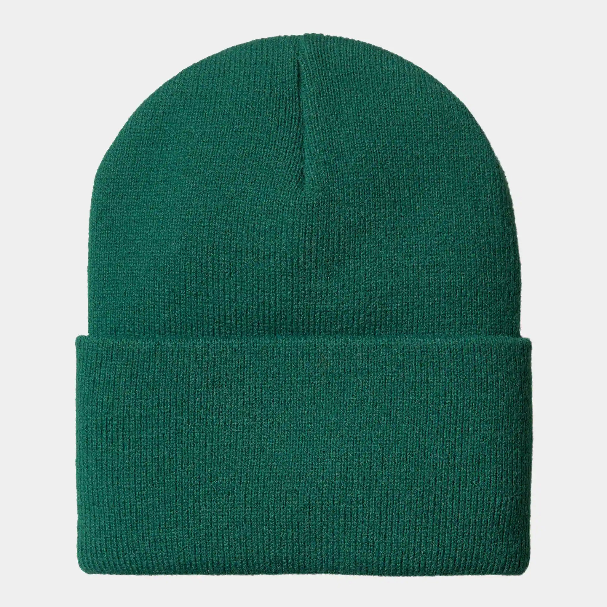 “Helles, gelblich-grünes Carhartt WIP Acrylic Watch Hat. Gerippte Strickmütze aus Acryl, umschlagbarer Bund mit kleinem, gewebtem Carhartt Square Label.“