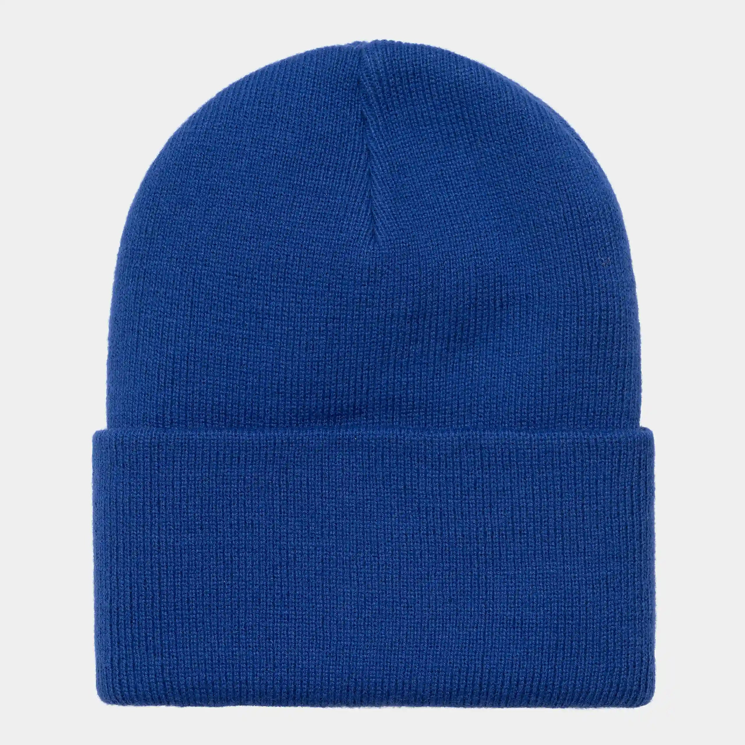 “Helles Blau ("Lazurite") Carhartt WIP Acrylic Watch Hat. Klassische, gerippte Strickmütze aus Acryl, mit flexiblem Umschlag und kleinem, gewebtem Carhartt Square Label.“