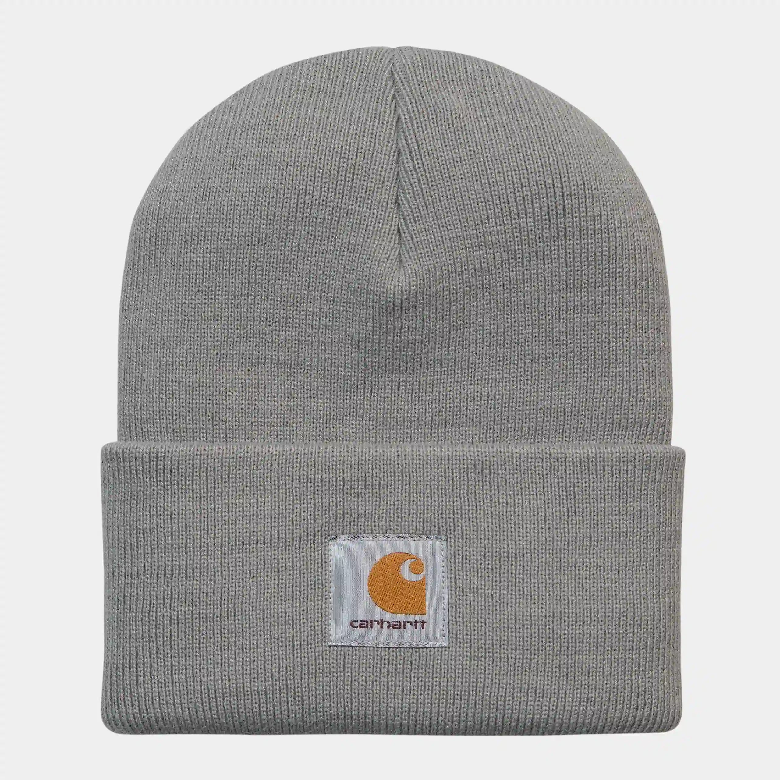 “Dunkelgraue ("Marengo") Carhartt WIP Acrylic Watch Hat. Kurze Beanie aus gerippter Acryl-Wolle. Eng anliegende Passform, umgeschlagener Saum und ein gewebtes Carhartt WIP Square Label auf der Vorderseite.“