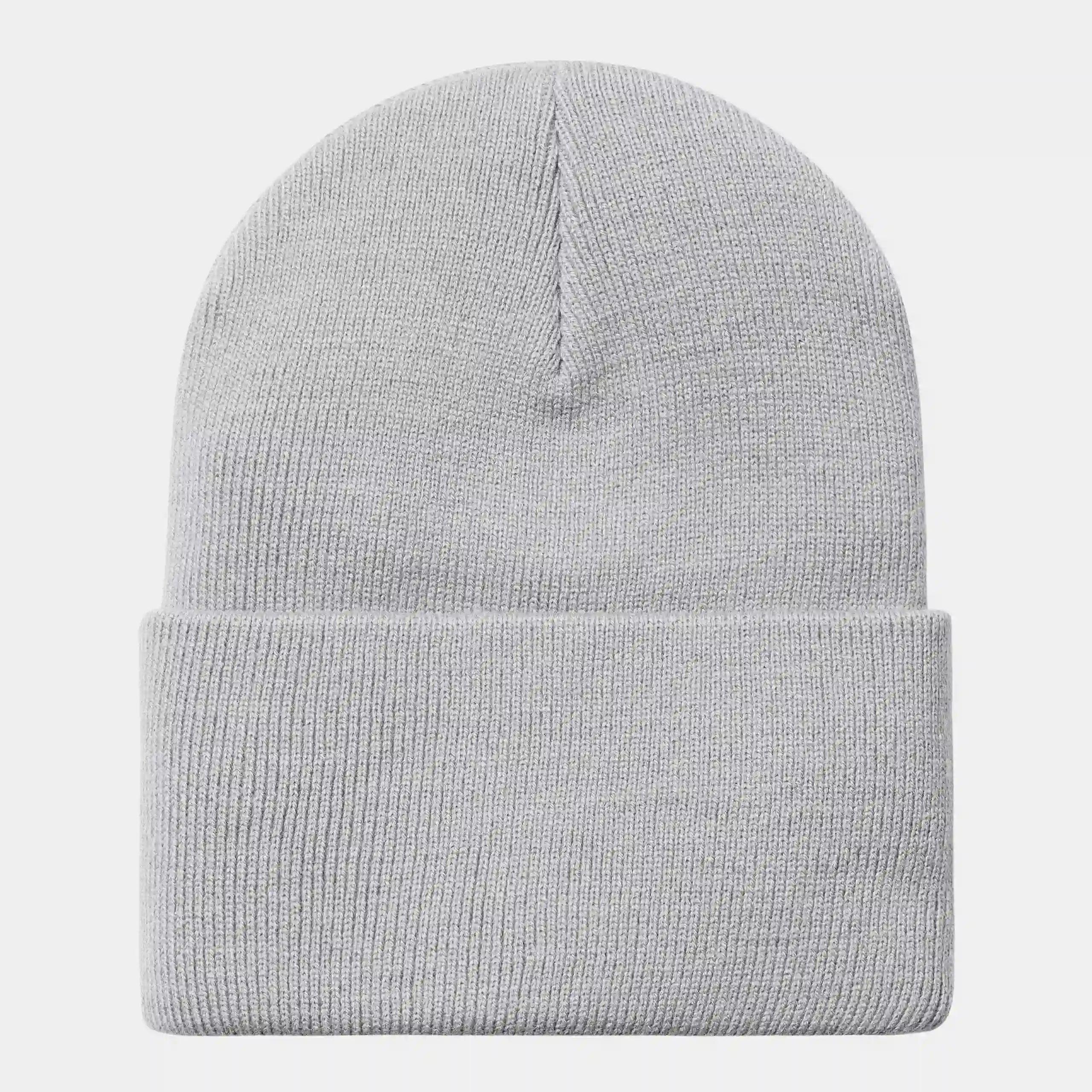 "Silberne ("Sonic Silver") Carhartt WIP Acrylic Watch Hat. Kurze Beanie aus gerippter Acryl-Wolle. Eng anliegende Passform, umgeschlagener Saum und ein gewebtes Carhartt WIP Square Label."
