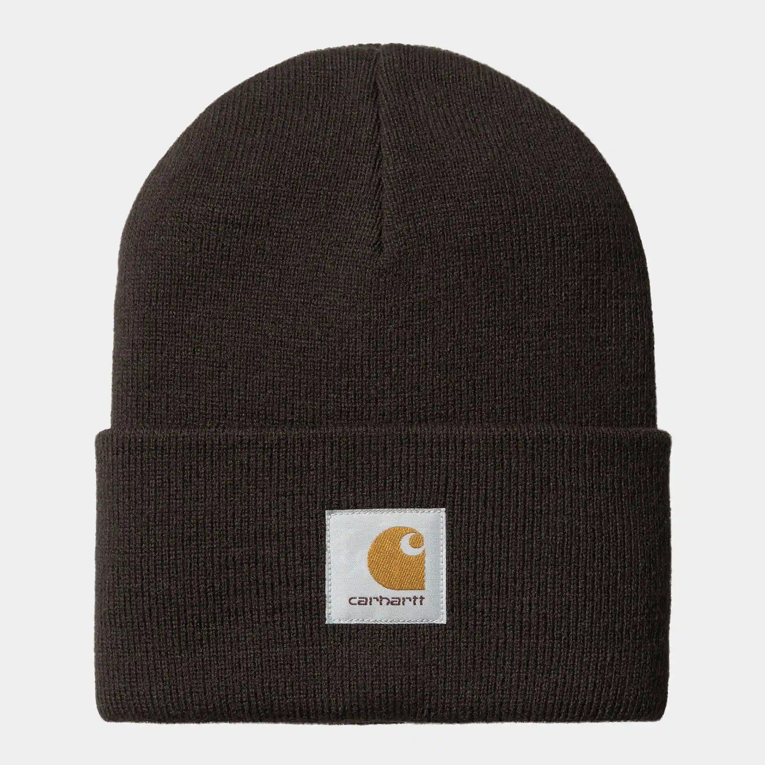 “Braune ("Tobacco") Carhartt WIP Acrylic Watch Hat. Kurze Beanie aus gerippter Acryl-Wolle. Eng anliegende Passform, umgeschlagener Saum und ein gewebtes Carhartt WIP Square Label auf der Vorderseite.“