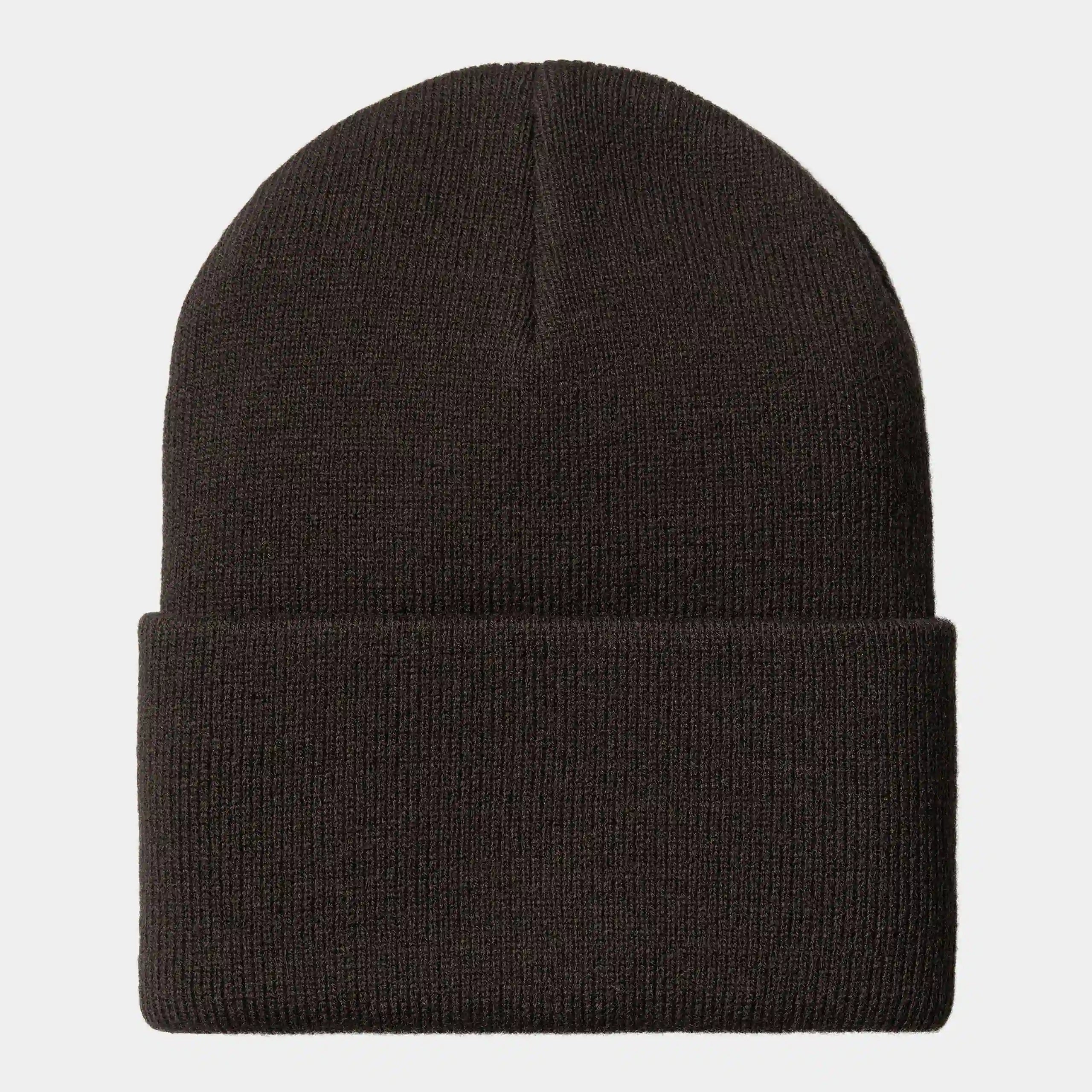 “Braune ("Tobacco") Carhartt WIP Acrylic Watch Hat. Kurze Beanie aus gerippter Acryl-Wolle. Eng anliegende Passform, umgeschlagener Saum und ein gewebtes Carhartt WIP Square Label auf der Vorderseite.“