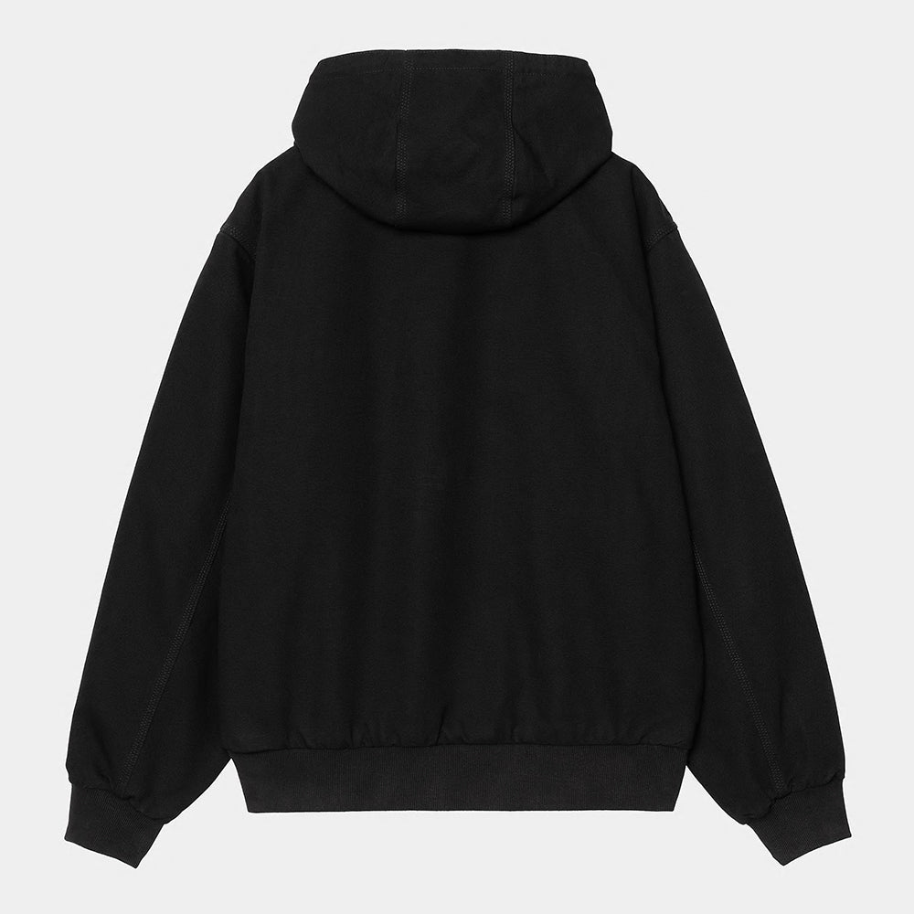 “Schwarze (rinsed) Carhartt WIP Active Jacket (Summer). Leichte Kapuzenjacke aus Baumwoll-Canvas mit durchgehendem Reißverschluss, Kängurutaschen, verstellbarer Kapuze und gerippten Bündchen. Gewebtes Square Label auf der Tasche.“