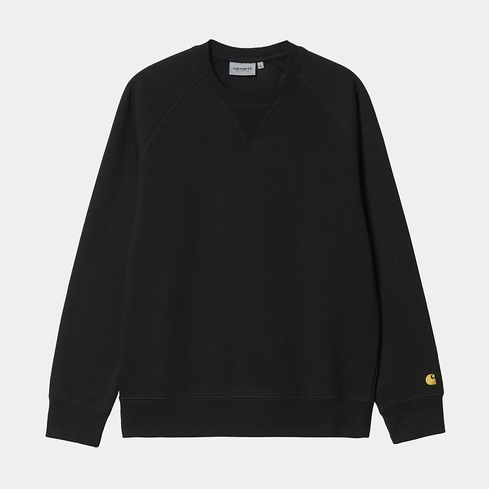 "Carhartt Chase Sweatshirt in Schwarz/Gold, Baumwollmischung, Raglanärmel, goldene Logo-Stickerei."