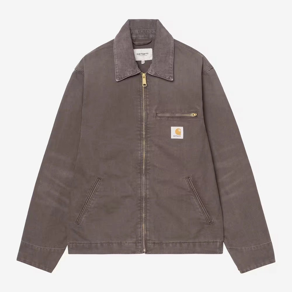 “Carhartt WIP Detroit Jacke für Herren in Grau-Braun (Shale) aus robustem Stone Washed Canvas mit braunem Cordkragen bei bei Stickabush.“