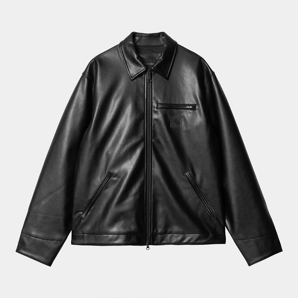 "Carhartt Detroit Jacket (Summer) in Schwarz, Kunstleder, leichte Arbeitsjacke im klassischen Detroit-Stil mit Reißverschluss."