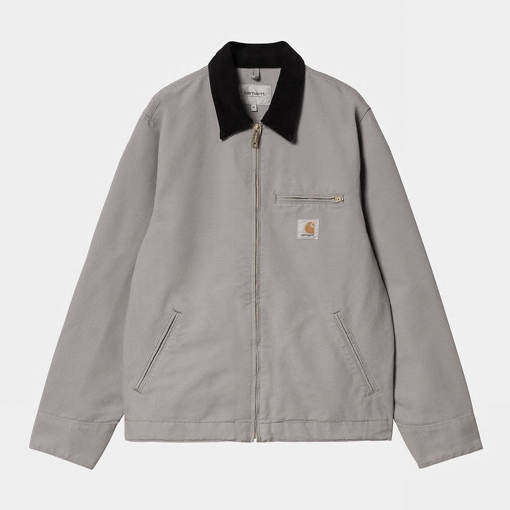 "Carhartt Detroit Jacket, Grau/Schwarz (Rinsed), robustes Canvas, klassische Arbeitsjacke mit schwarzen Kragen und Logo."