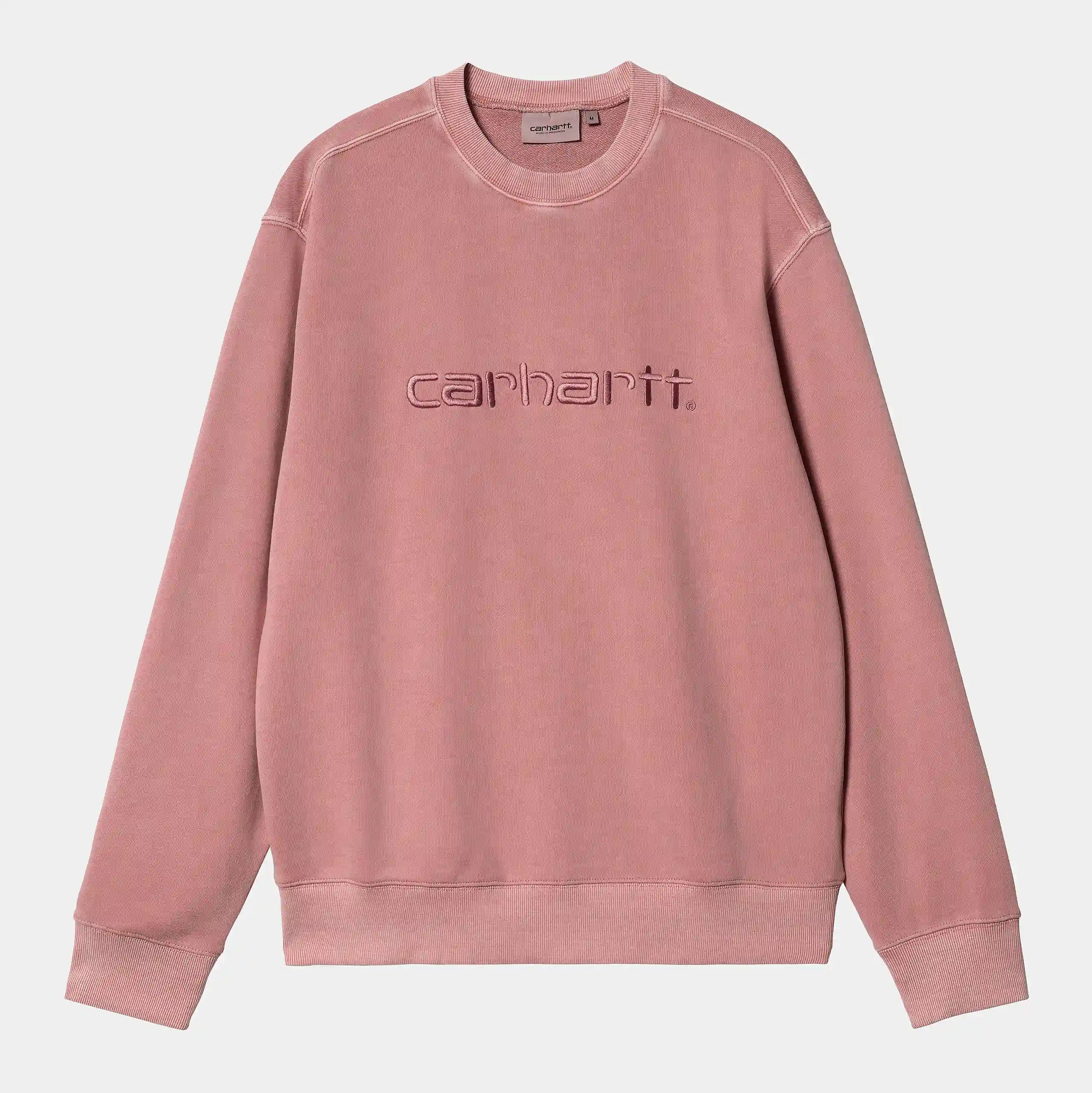 "Rosa ("Dahlia") Carhartt WIP Duster Sweatshirt. Bequemer Sweater aus schwerem Baumwoll-Sweatstoff (Garment Dyed) mit Rundhalsausschnitt und Rippstrickbündchen."