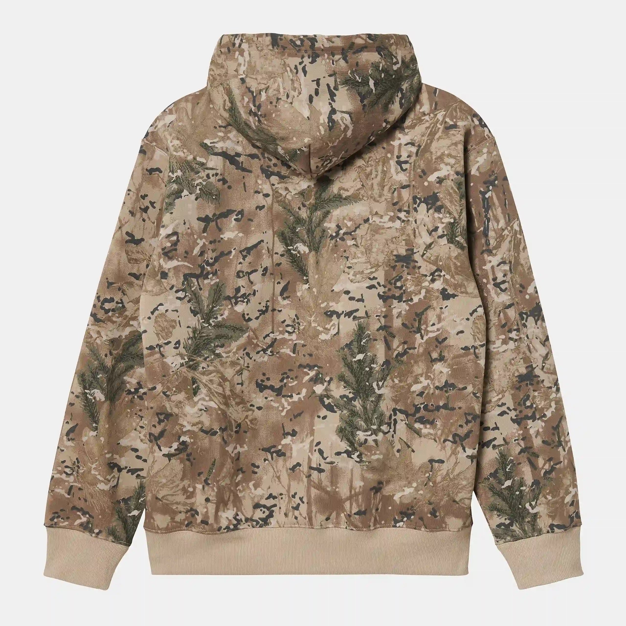 "Kapuzenpullover von Carhartt WIP im Camouflage-Mix aus Beige und Weiß. Kordelzugkapuze, Kängurutasche, kleines, gewebtes Logo-Patch auf der Brust."