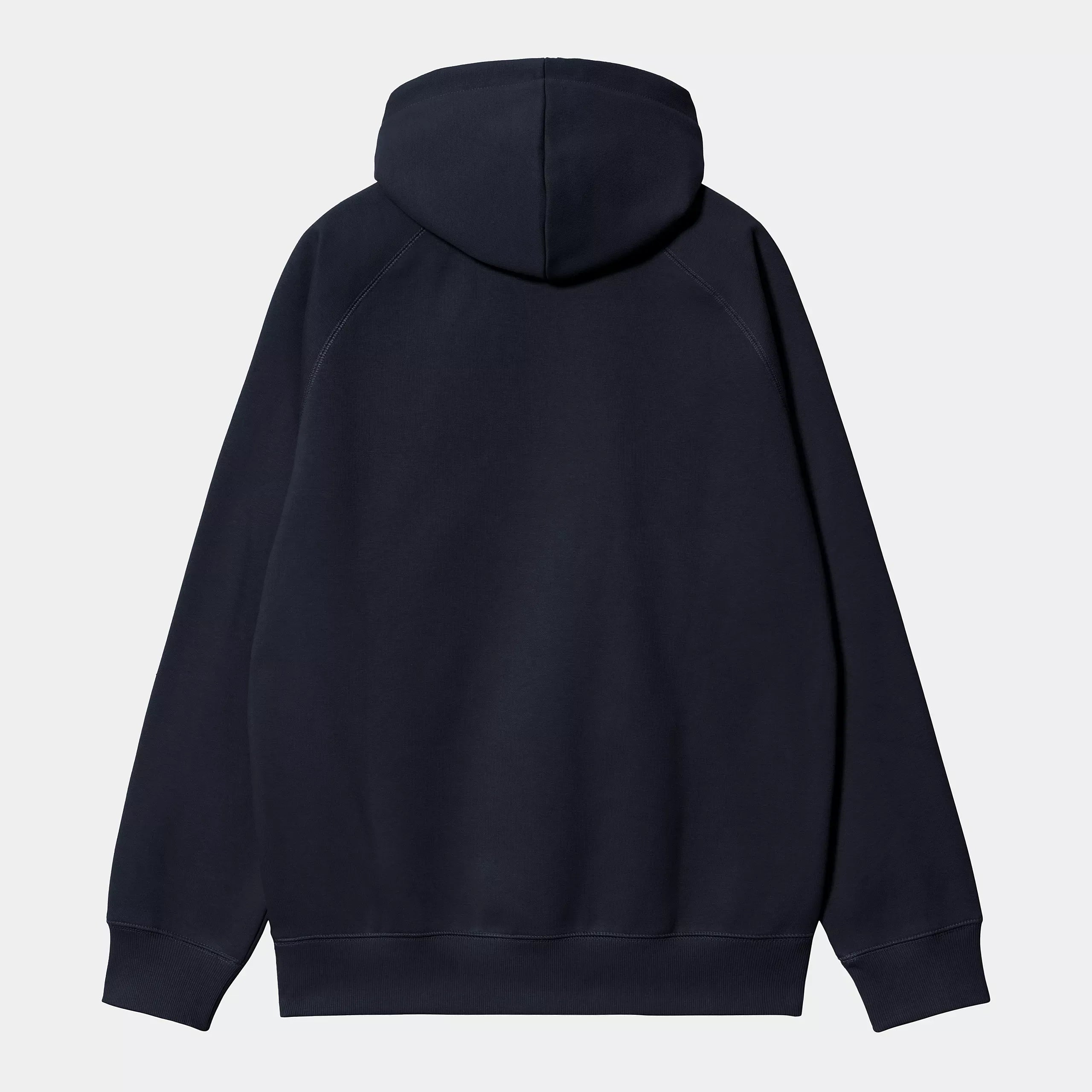 "Dunkelblauer ("Dark Navy") Carhartt WIP Hooded Chase Sweat mit goldener Logo-Stickerei. Kapuzenpullover aus Baumwoll-Sweatstoff mit Kängurutasche und verstellbarer Kapuze.“