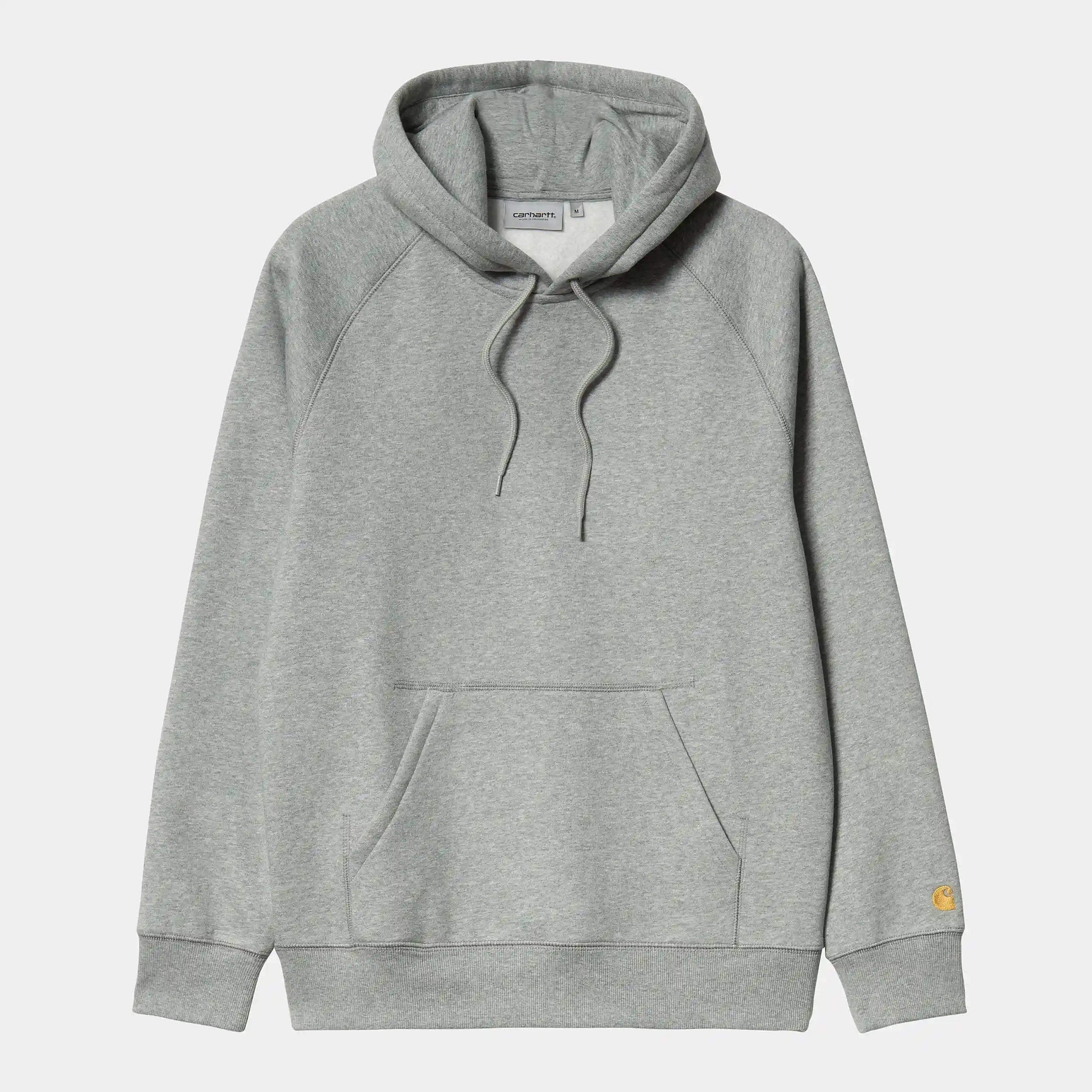 "Carhartt Hooded Chase Sweat in Grau meliert/Gold, I026384_00M_XX, carhartt hoodie aus Baumwollmischung, Kapuze, Gold-Logo Stickerei, klassischer Hoodie-Stil."