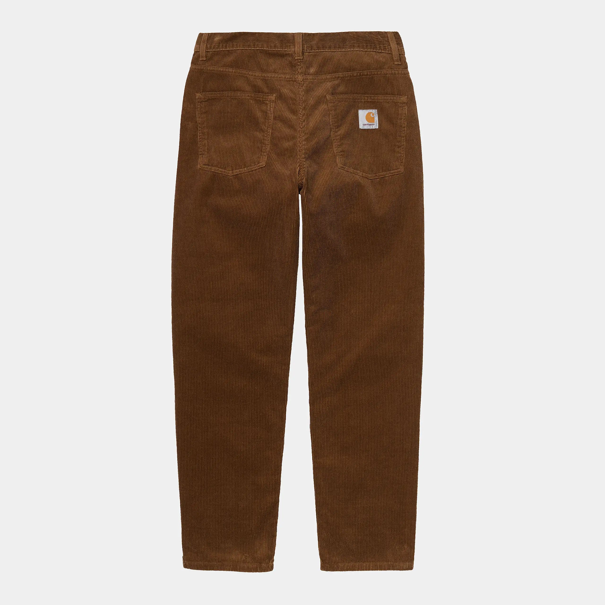 "Carhartt Newel Pant in Hamilton Brown (Rinsed), Baumwolle, lockere Passform, klassische Five-Pocket Hose in tiefem Braun."