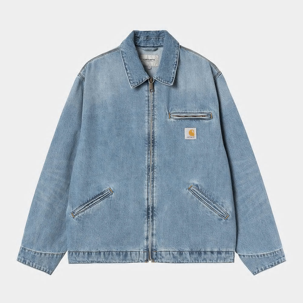 "Carhartt OG Detroit Jacket in Blau (Burst Washed), I034870_01_UR, Baumwoll-Denim, klassische Arbeitsjacke, gebleichter Vintage-Look."