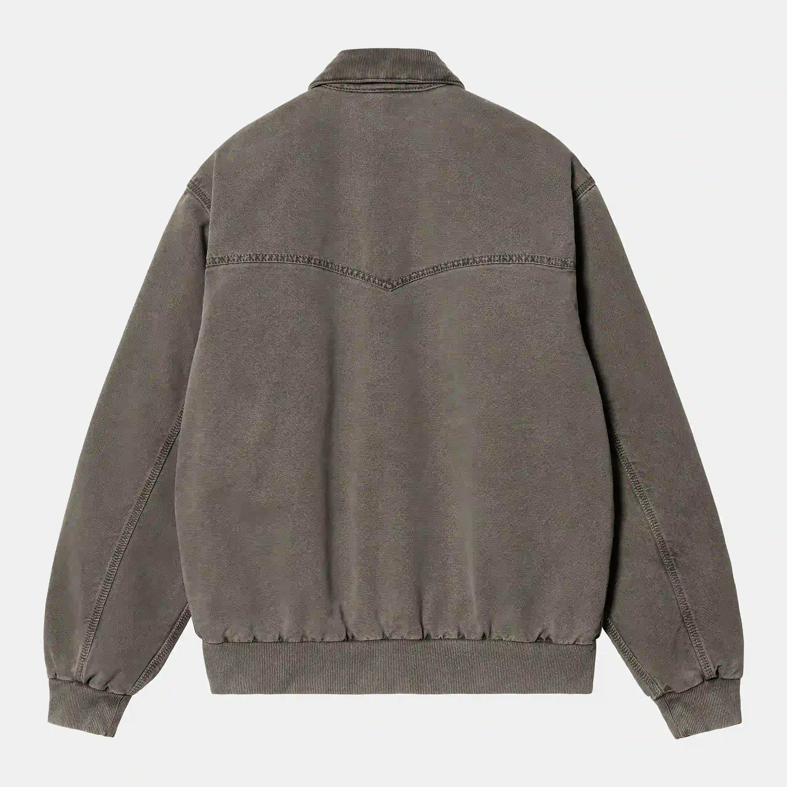 “Verblasste schwarze ("faded") Carhartt WIP OG Santa Fe Jacket. Robuste Jacke aus Baumwoll-Canvas mit Cordkragen, Steppfutter, Reißverschluss und gewebtem Square Label.“