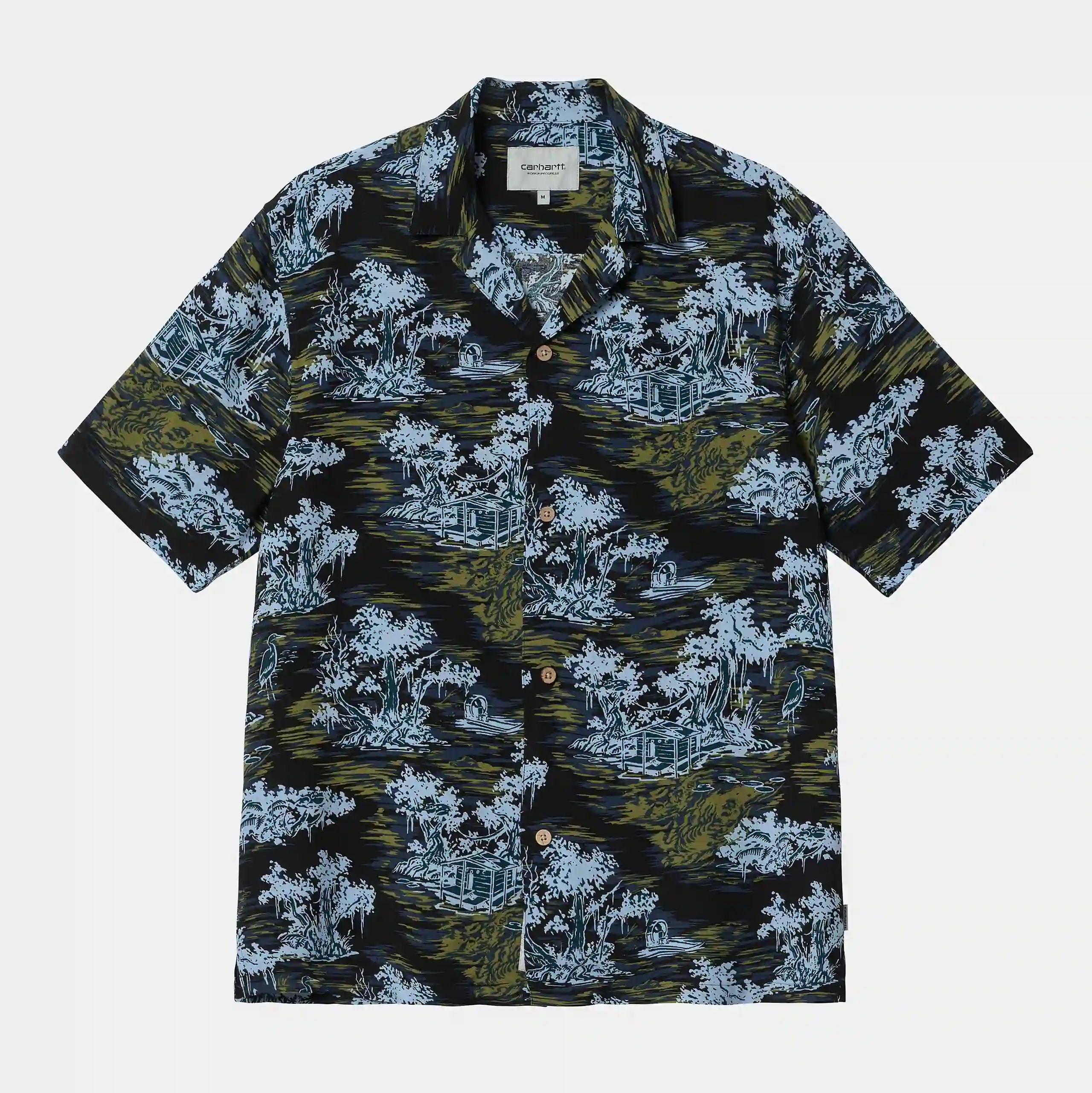 “Schwarzes Carhartt WIP S/S Bayou Shirt mit "Bayou Print". Kurzärmliges Hemd aus Baumwoll-Popeline, mit Resort-Kragen und durchgehendem Muster in Hellblau und Grün.“