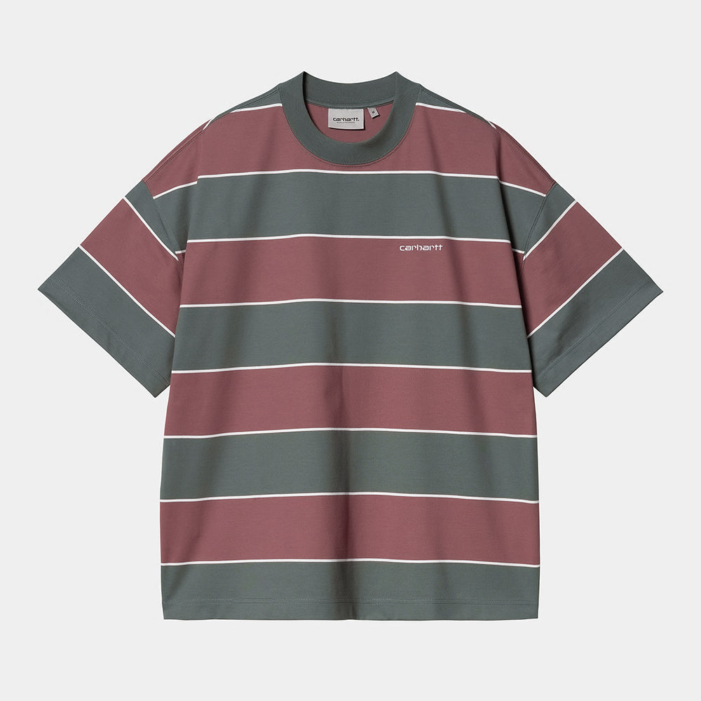 "Carhartt Quinby T-Shirt, Quinby Streifen in Weinrot-Kiefergrün, I034488_2Q2_XX, Carhartt T Shirt aus Baumwolle, Kurzarm, gestreiftes Design."
