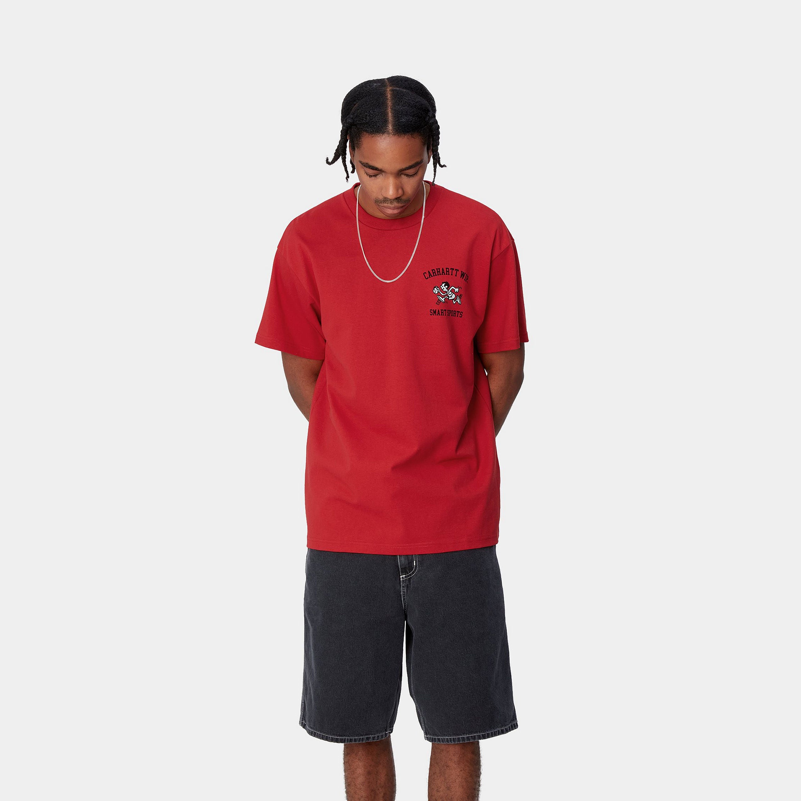 "Carhartt WIP S/S Smart Sports T-Shirt, Samba/Red, Baumwolljersey, kurzärmeliges Sportshirt in Rot mit dezentem Logo."