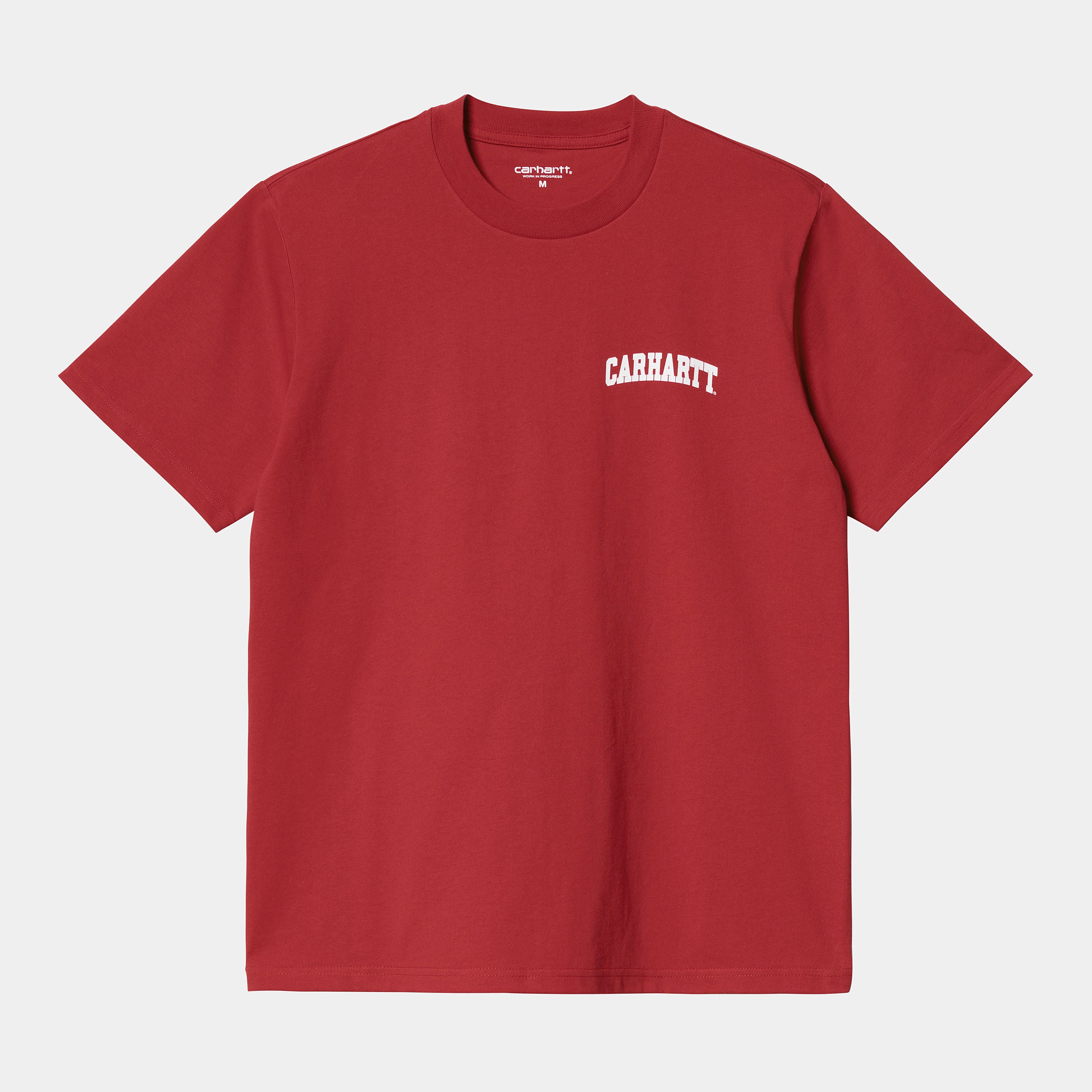 "Carhartt WIP S/S University Script T-Shirt, Arcade/White (helles Rot/Weiß), Baumwolle, kurzärmeliges T-Shirt mit weißem Universitäts-Schriftzug."