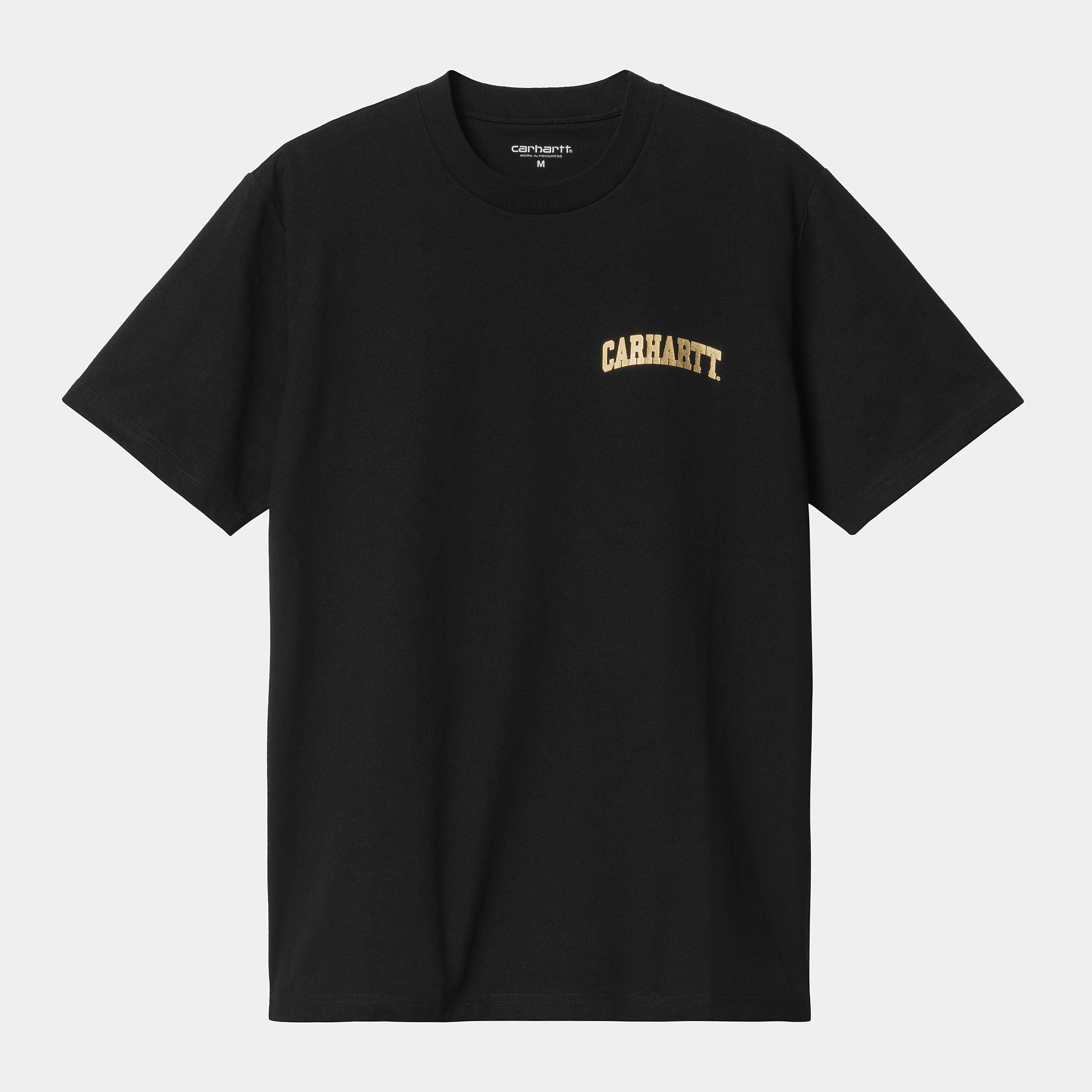 "Carhartt WIP S/S University Script T-Shirt, Schwarz/Gold, Baumwolle, kurzärmeliges T-Shirt mit goldenem Universitäts-Schriftzug."