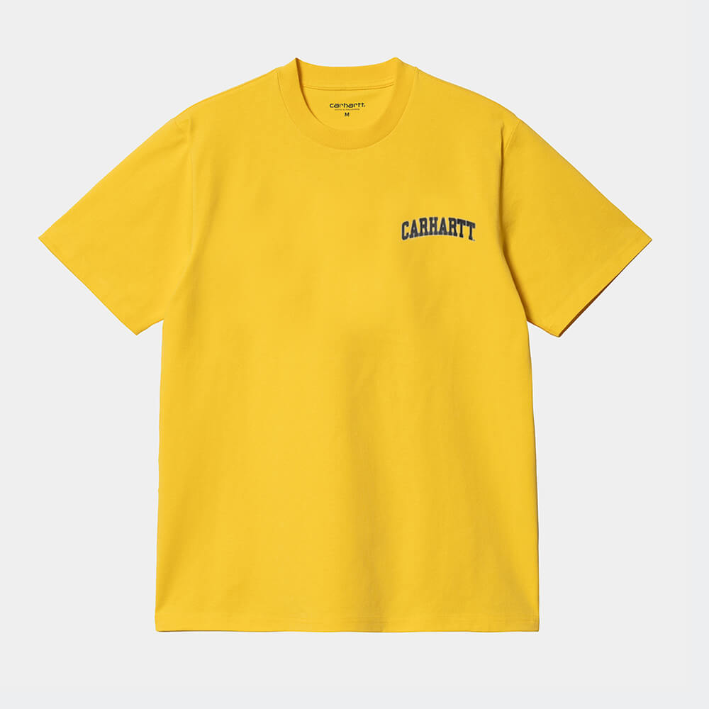 "Carhartt WIP S/S University Script T-Shirt, Gelb/Schwarz, Baumwolle, kurzärmeliges T-Shirt mit goldenem Universitäts-Schriftzug."