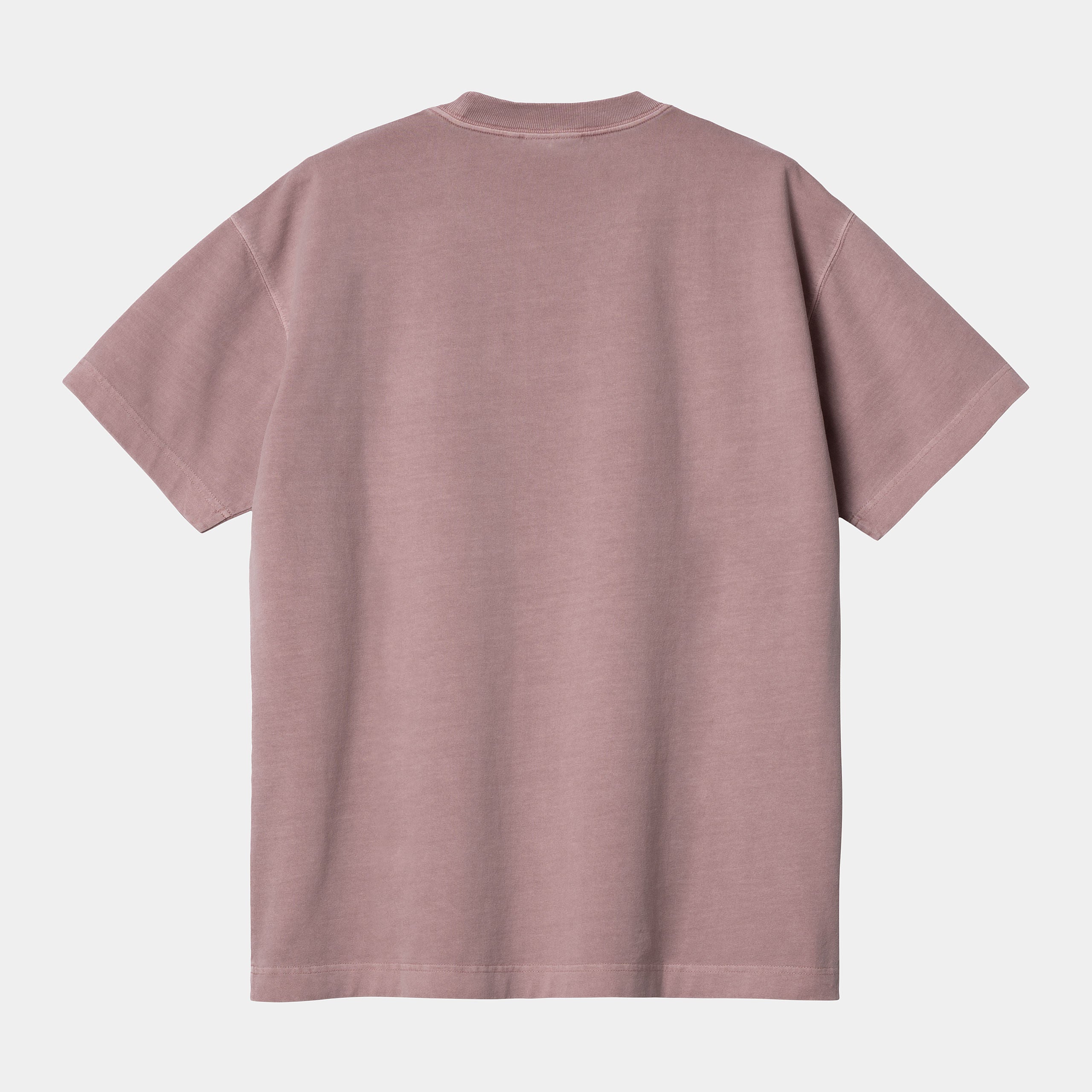 “Helles, leicht verwaschenes Rosa ("Glassy Pink") Carhartt WIP S/S Vista T-Shirt. Kurzärmliges Herren-T-Shirt aus schwerem Baumwolljersey. Kastenförmige, lockere Passform mit geripptem Rundhalsausschnitt und kleinem, farblich passendem Carhartt "C"-Logo auf der Brust. Lässiger Style mit angenehmer Textur.“