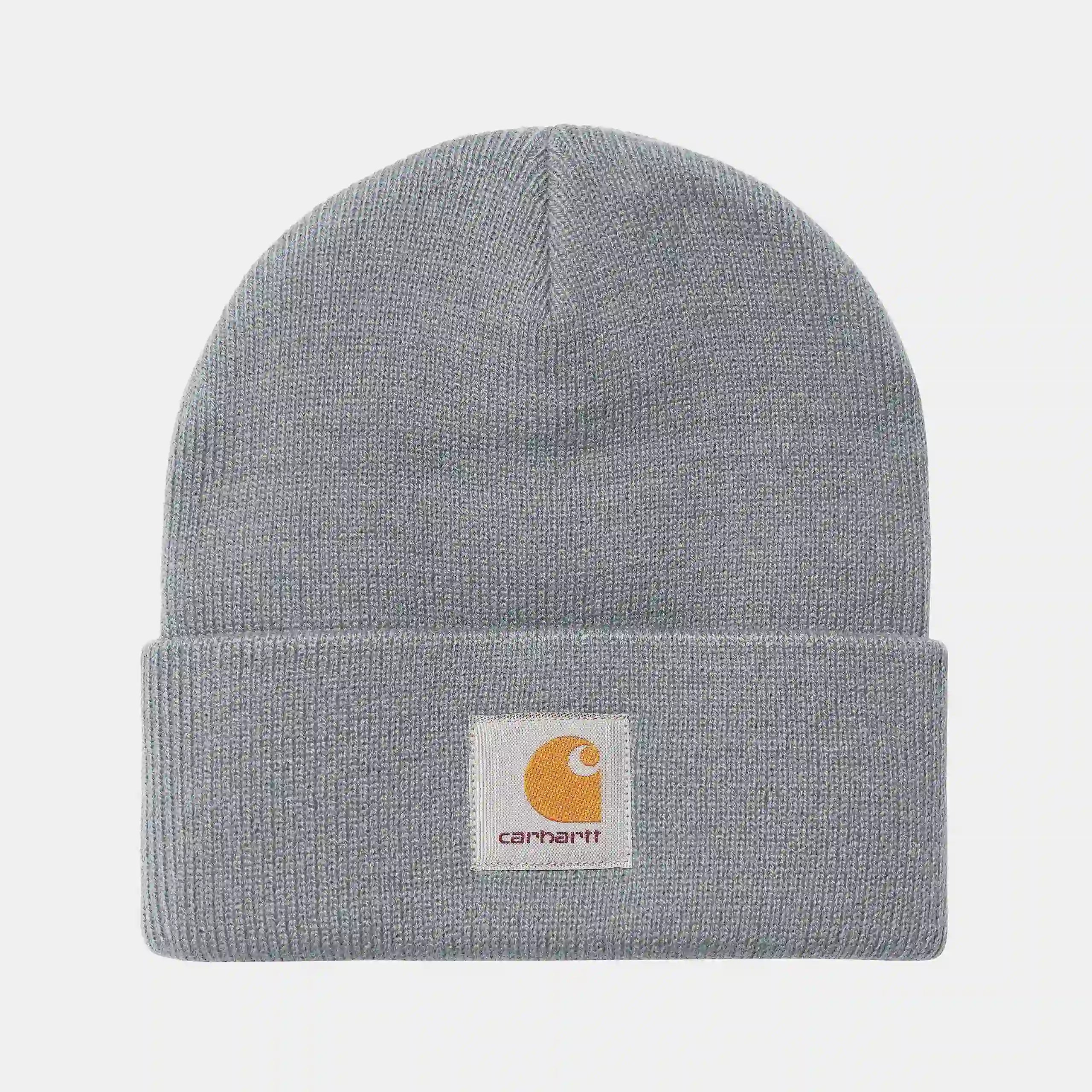 “Graue (Mirror) Carhartt WIP Short Watch Hat. Kurze Beanie aus gerippter Acryl-Wolle. Eng anliegende Passform, umgeschlagener Saum und ein gewebtes Carhartt WIP Square Label auf der Vorderseite.“