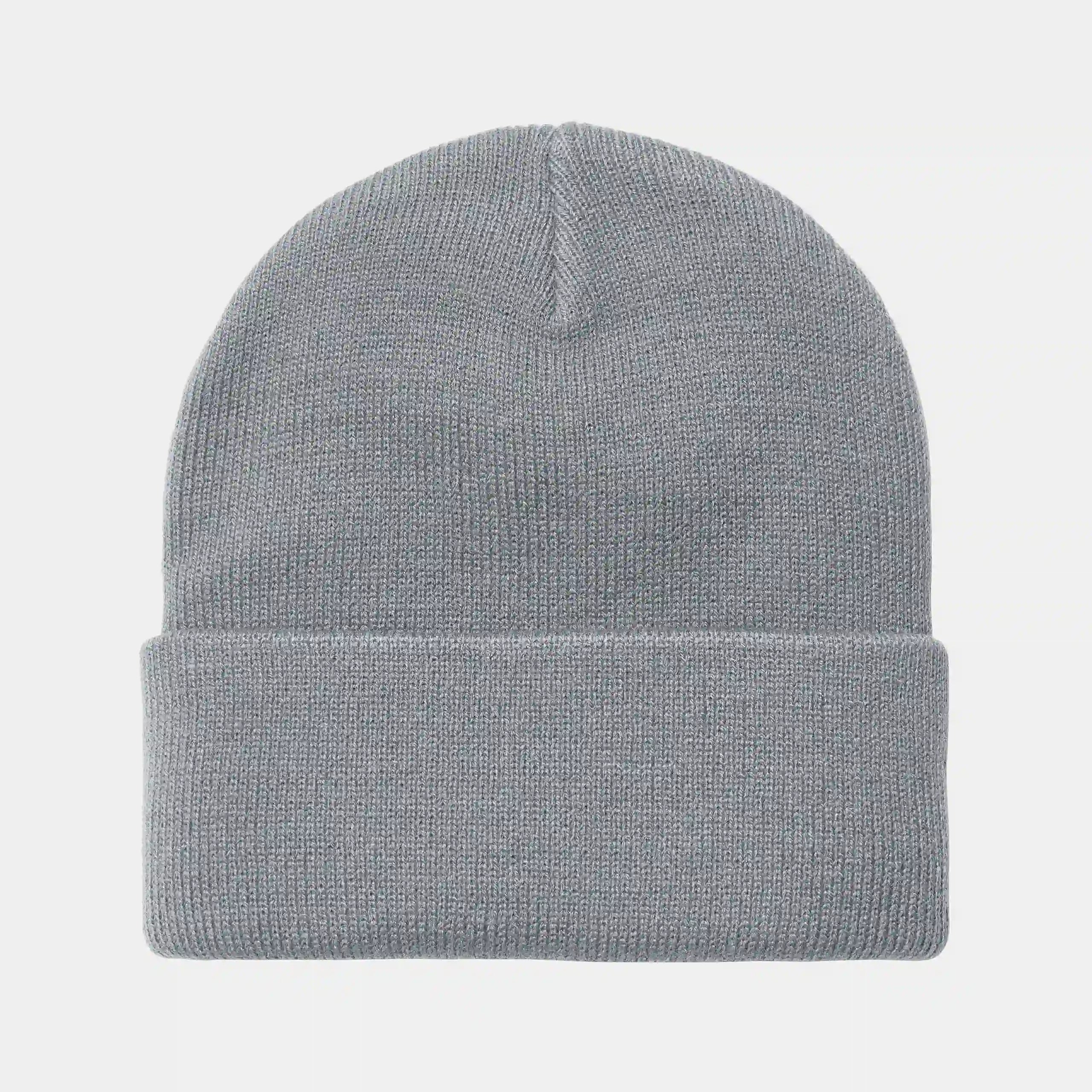 “Graue (Mirror) Carhartt WIP Short Watch Hat. Kurze Beanie aus gerippter Acryl-Wolle. Eng anliegende Passform, umgeschlagener Saum und ein gewebtes Carhartt WIP Square Label auf der Vorderseite.“