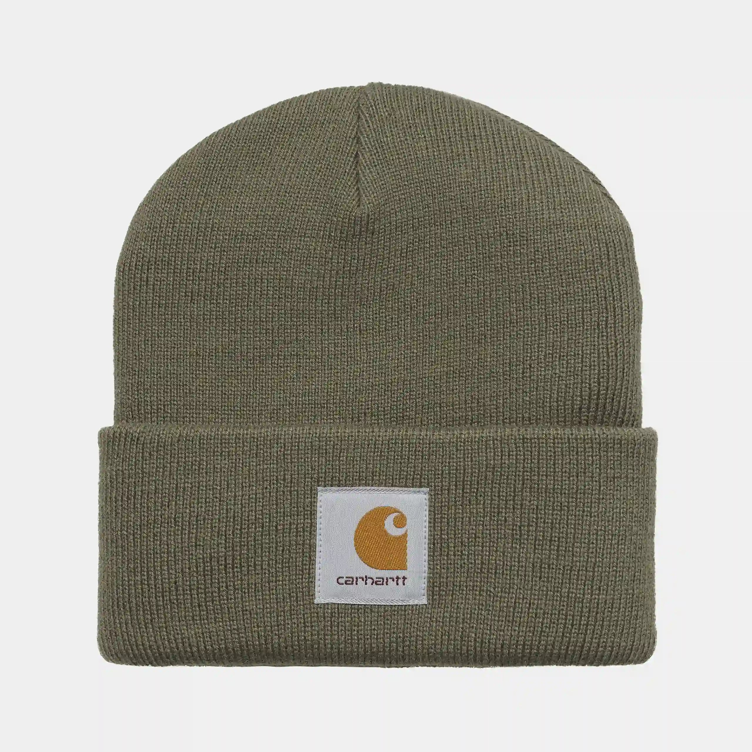“Dunkelgrüne ("Seaweed") Carhartt WIP Short Watch Hat. Kurze Beanie aus gerippter Acryl-Wolle. Eng anliegende Passform, umgeschlagener Saum und ein gewebtes Carhartt WIP Square Label.“